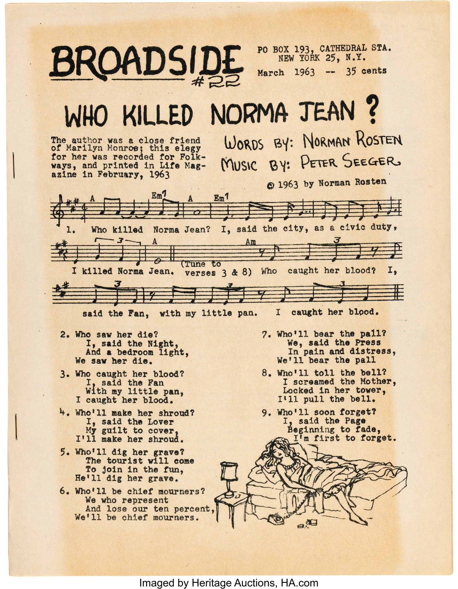 Norman Rosten and Pete Seeger Lyrics and Music f: Norman Rosten and Pete Seeger Lyrics and Music for "Who Killed Norma Jean?" from the Cover of Broadside #22 (March 1963). Vintage original March 1963 issue of the folk magaz