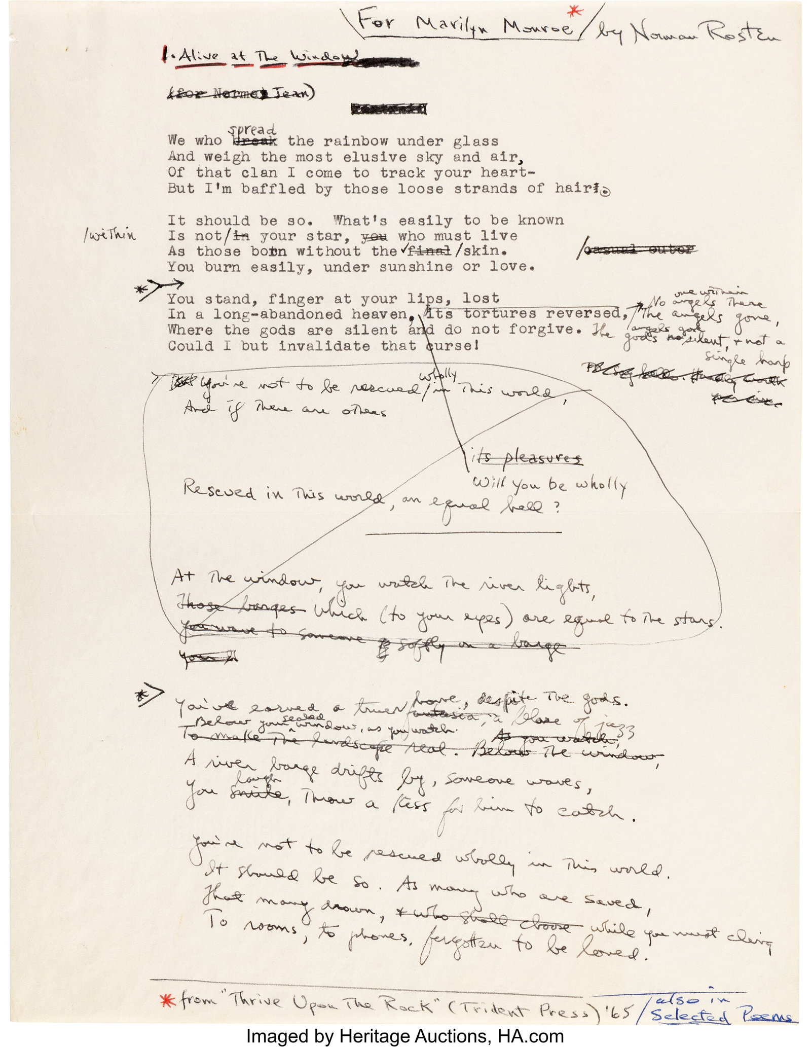 Norman Rosten Group of (4) Typed and Handwritten: Norman Rosten Group of (4) Typed and Handwritten Poem Drafts Regarding the Life and Death of Marilyn Monroe (ca. 1964-1965). Brooklyn, [New York]&co