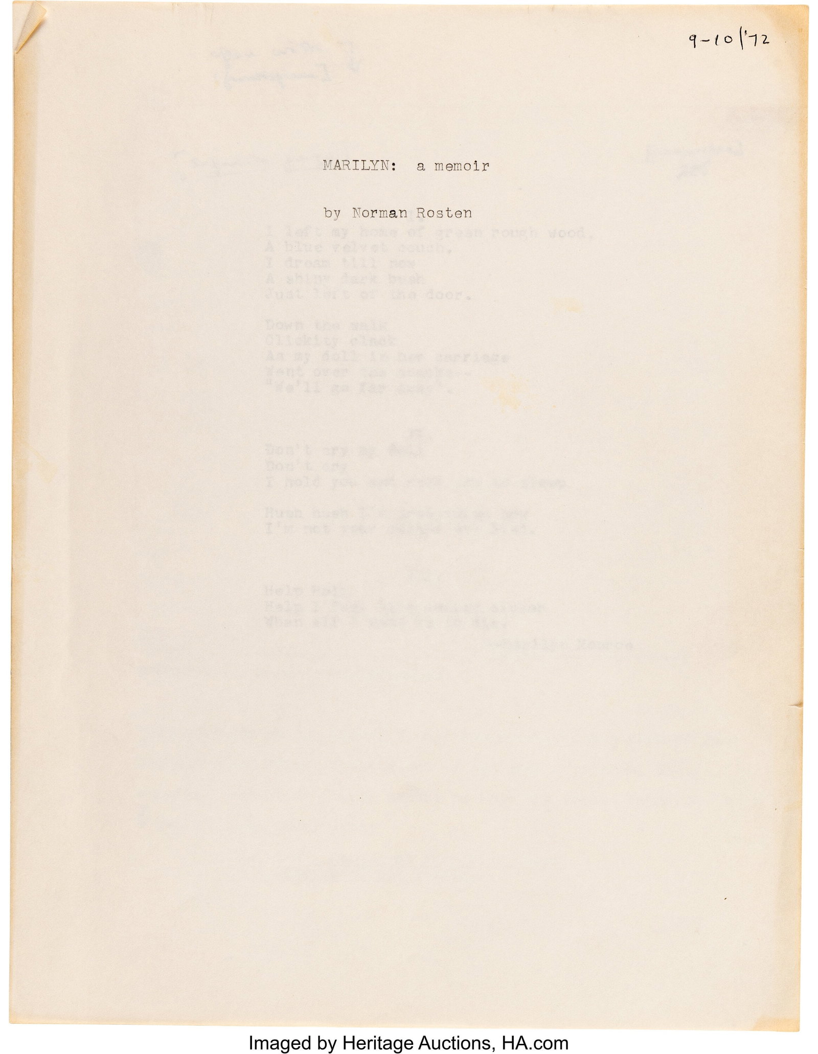 Norman Rosten. Marilyn: An Untold Story. Archive: Norman Rosten. Marilyn: An Untold Story. Archive of Manuscript Drafts, Revisions, Notes, and Related Correspondence [1972-1973]. Vintage origin