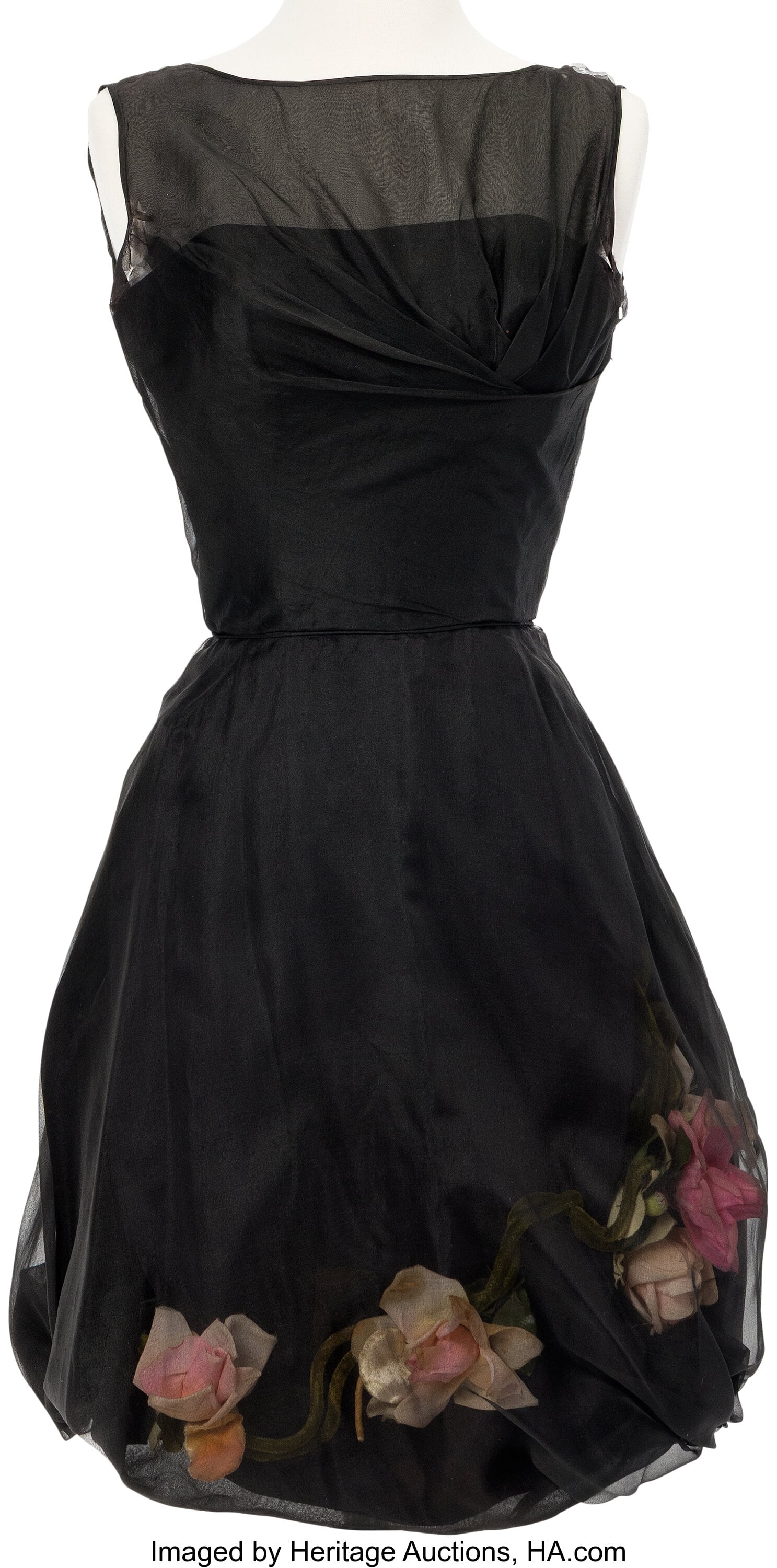 Marilyn Monroe Personal Black Cocktail Dress wit: Marilyn Monroe Personal Black Cocktail Dress with Unique Three-Dimensional Floral Adornment by Ceil Chapman. Vintage original black organza cocktail dress by Ceil Chapman from Marilyn Monroe's 