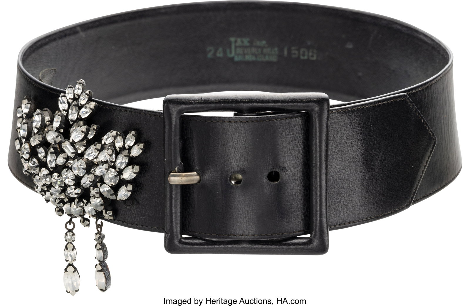 Marilyn Monroe Personal Black Belt with Rhinesto: Marilyn Monroe Personal Black Belt with Rhinestone Design by Jax. Vintage original black belt by Jax of Beverly Hills from Marilyn Monroe's personal collection. Crafted from black imitat