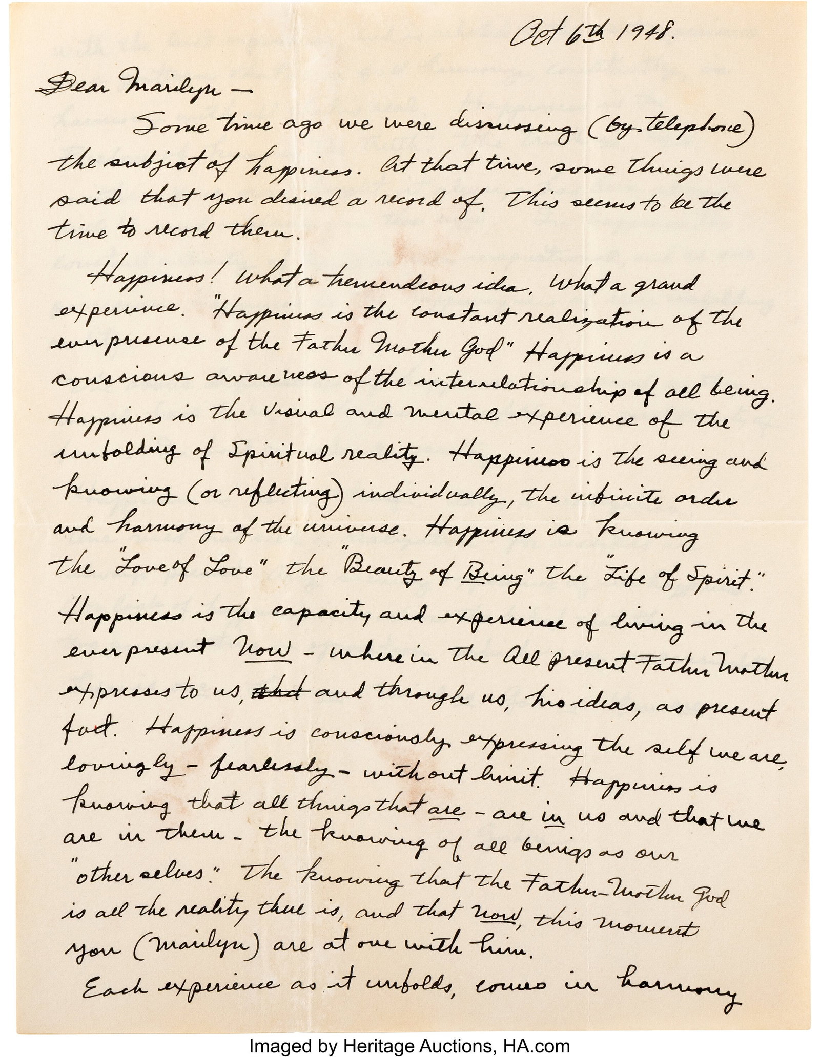 Handwritten Letter to Marilyn Monroe on Happines (1 of 4)