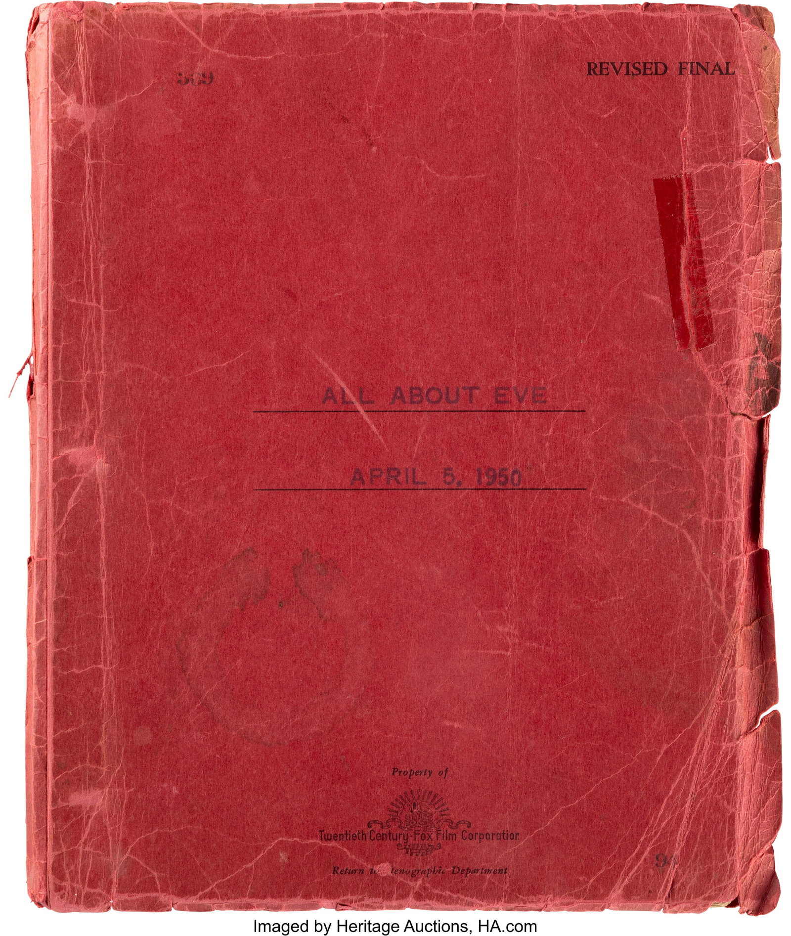 All About Eve (TCF, 1950), Revised Final Draft S: All About Eve (TCF, 1950), Revised Final Draft Screenplay Signed and Inscribed by Bette Davis. Vintage original Revised Final draft screenplay for Joseph L. Mankiew