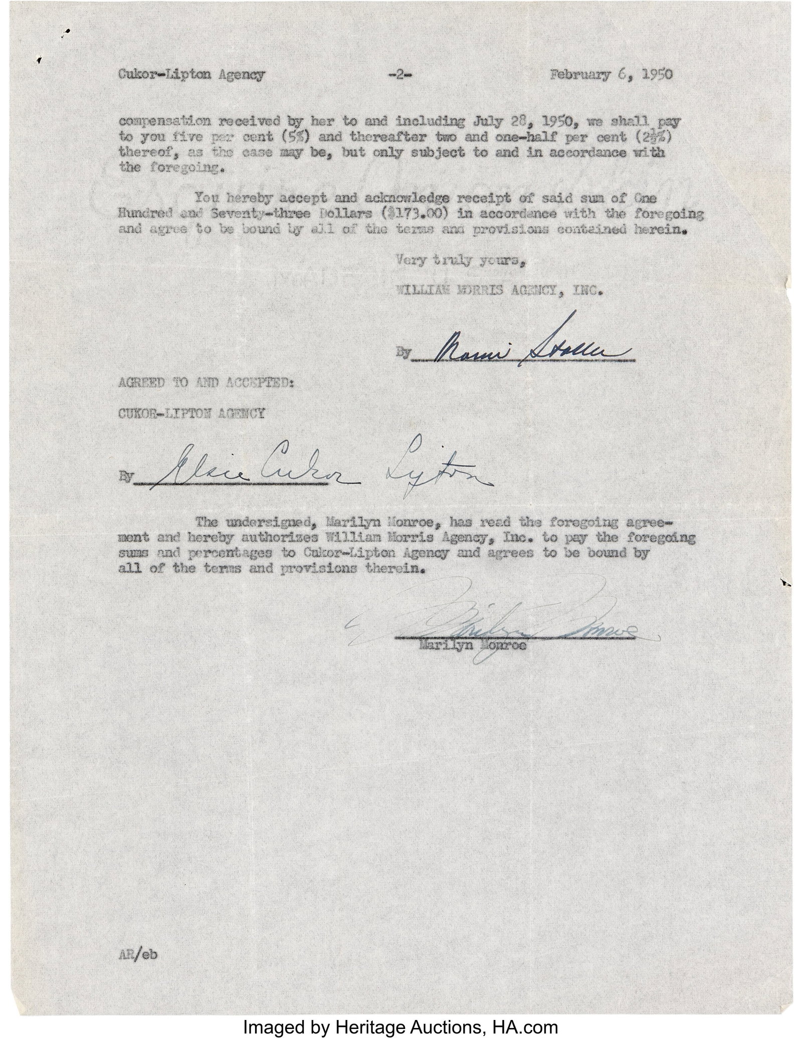 Marilyn Monroe Signed Talent Agency Contract Dis (1 of 3)