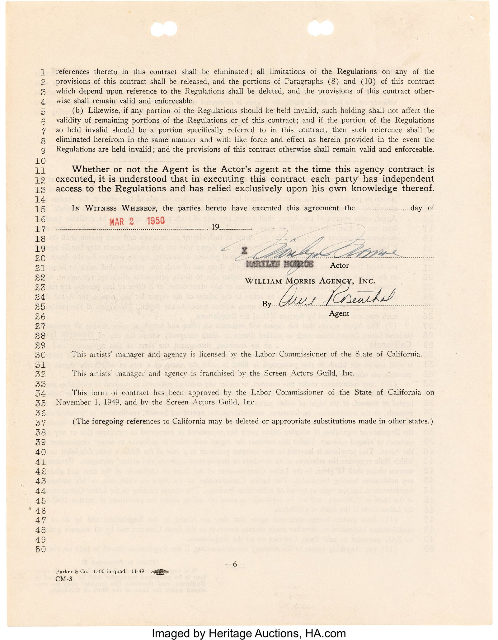 Marilyn Monroe Signed William Morris Agency Cont: Marilyn Monroe Signed William Morris Agency Contract (March 2, 1950). Vintage original 6-page agency management contract (3-leaves, double-sided) on William