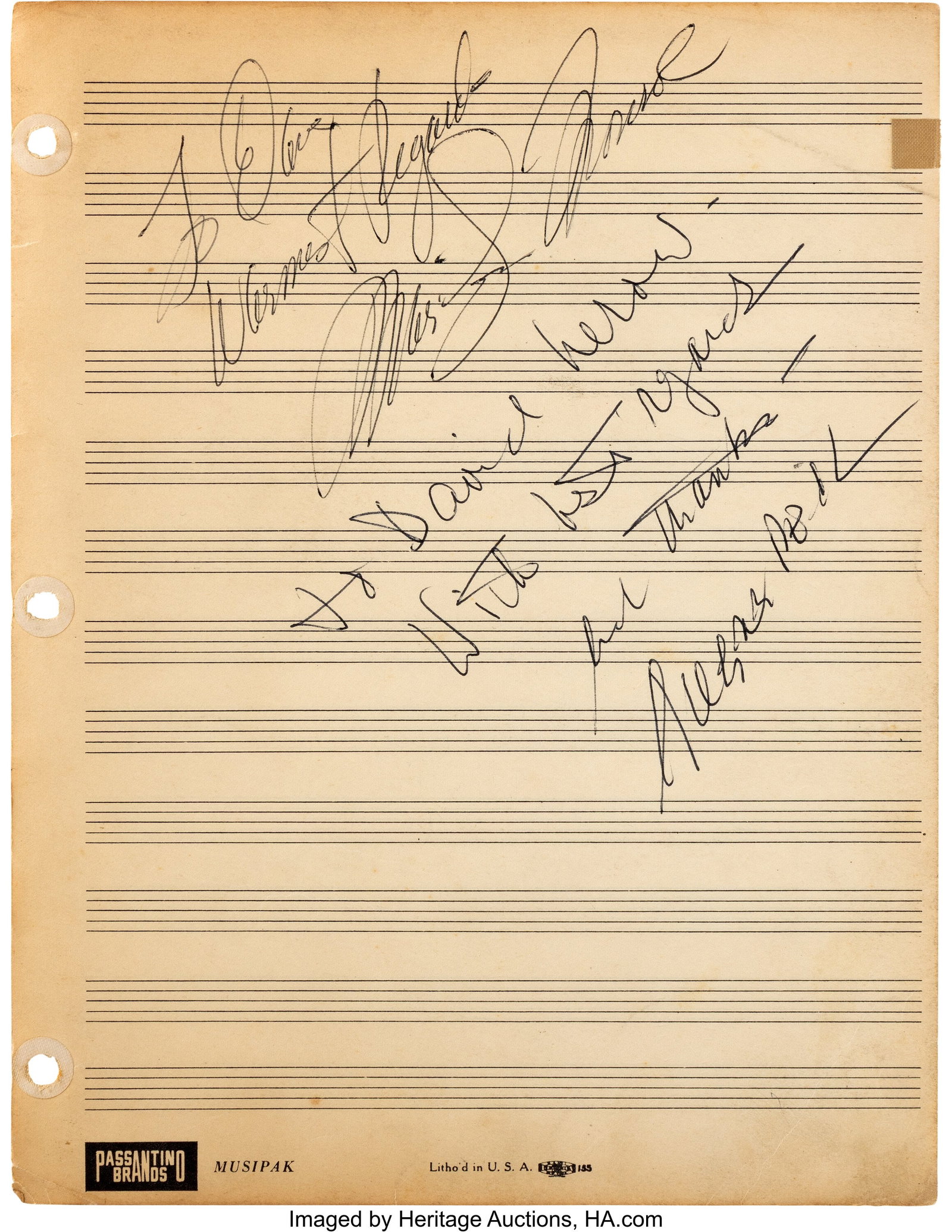 Marilyn Monroe and Gregory Peck Dual Handwritten: Marilyn Monroe and Gregory Peck Dual Handwritten Note Signed. Vintage original undated handwritten note inscribed and signed by Marilyn Monroe and Gregory Peck on a sheet of music