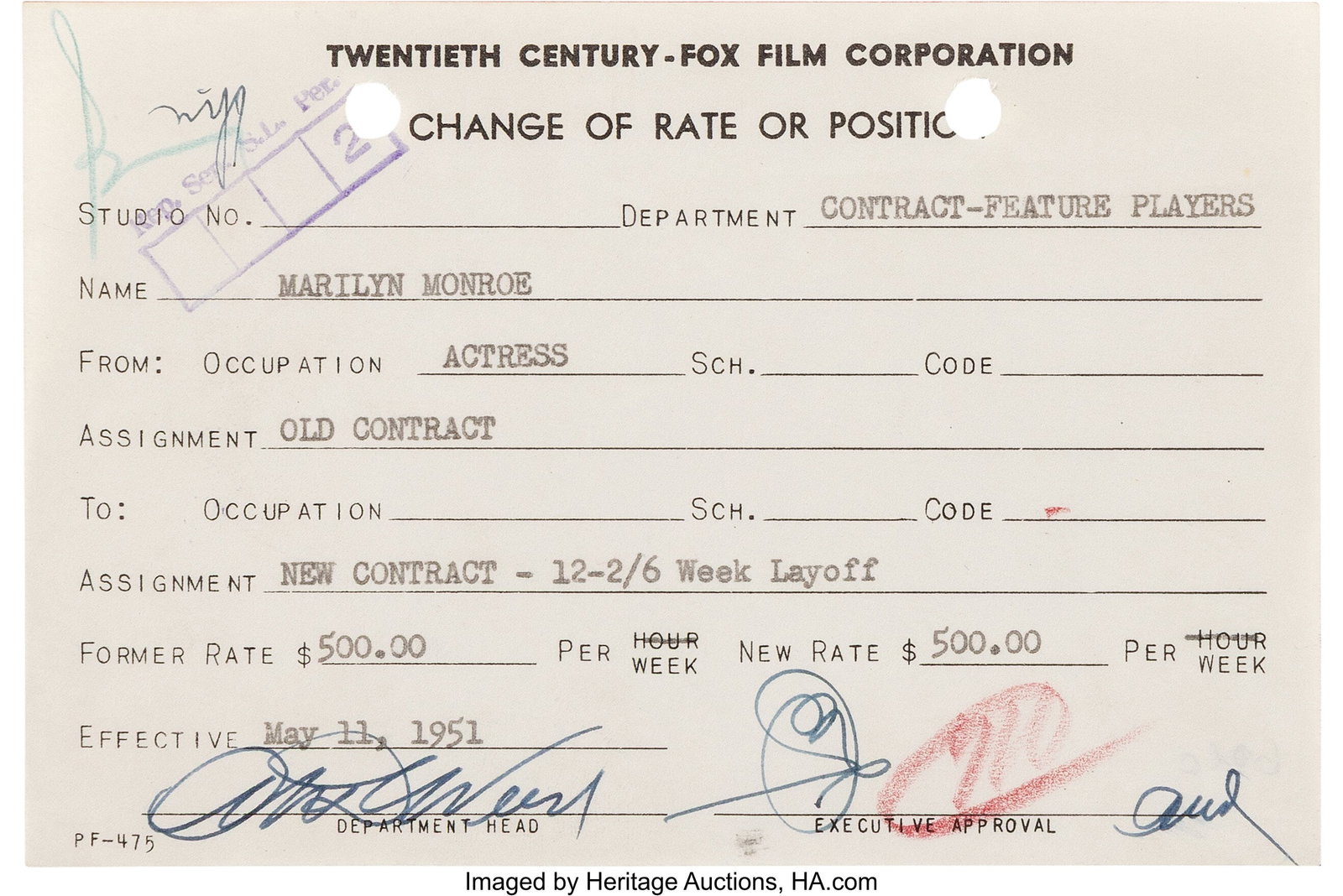 Marilyn Monroe 20th Century Fox Contract Rate Ch: Marilyn Monroe 20th Century Fox Contract Rate Change Document (May 11, 1951). Vintage original 20th Century Fox "Change of Rate or Position" Contract Document issued to Marilyn