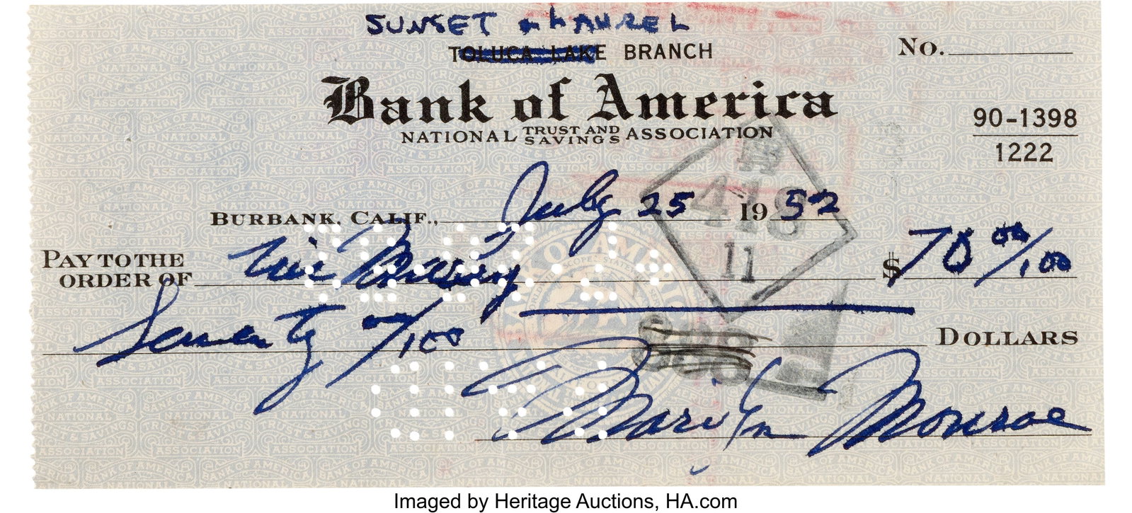 Marilyn Monroe Signed Personal Check (July 25, 1: Marilyn Monroe Signed Personal Check (July 25, 1952). Vintage original Bank of America check handwritten and signed by Marilyn Monroe on July 25, 1952. The check