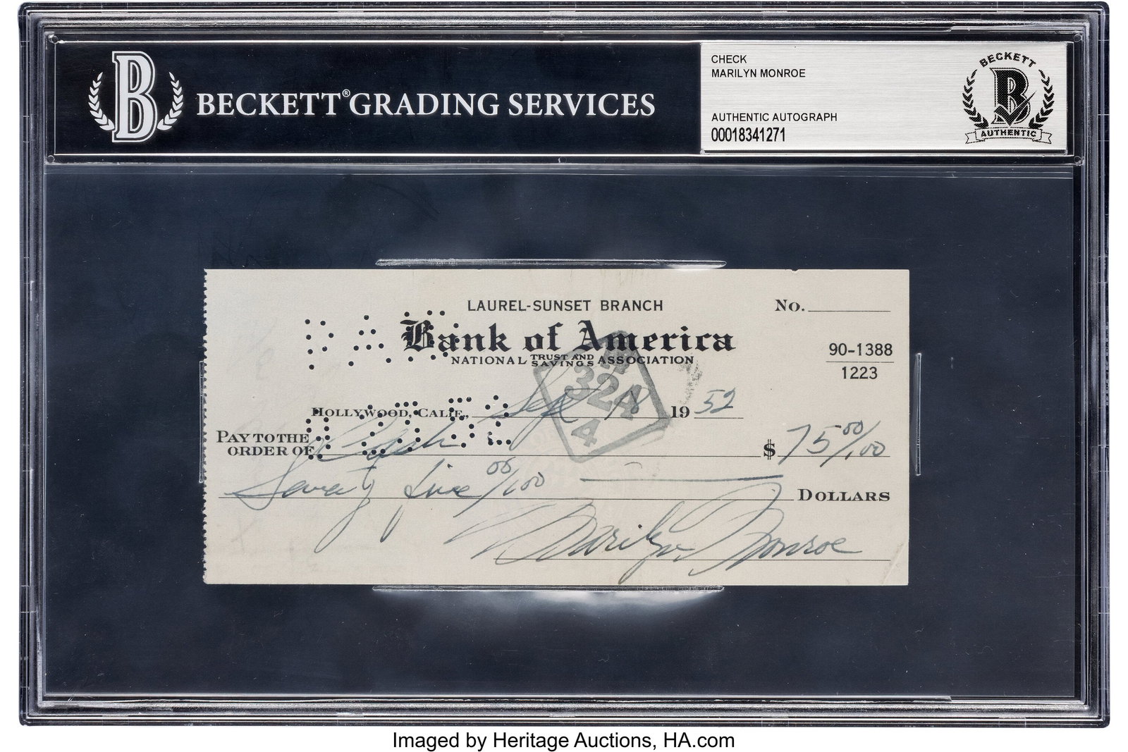 Marilyn Monroe Signed Personal Check (September : Marilyn Monroe Signed Personal Check (September 18, 1952). Vintage original 5.75" x 2.75" Bank of America personal check from the Laurel-Sunset Branch in Los Angel