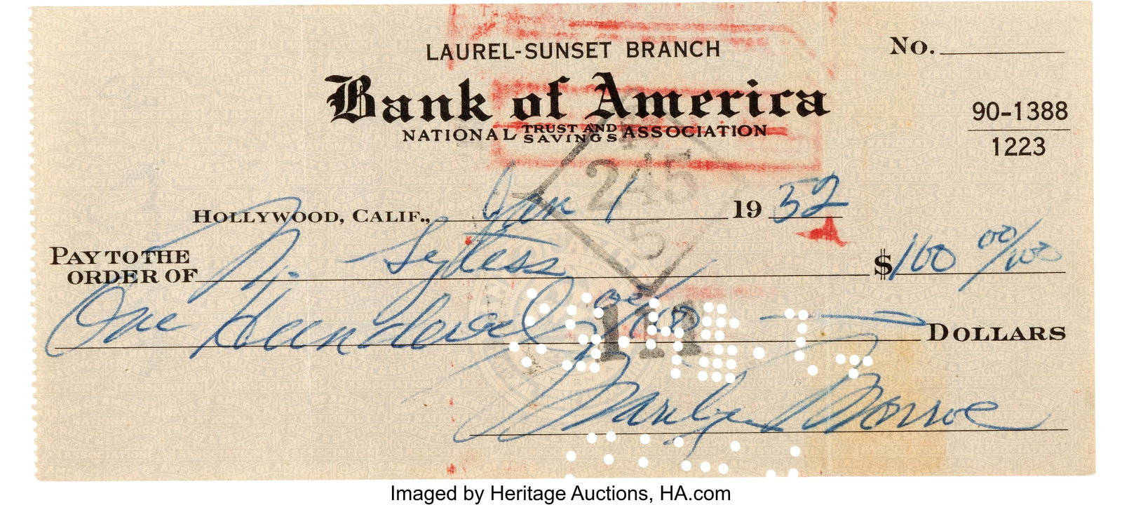 Marilyn Monroe Signed Personal Check (January 1,: Marilyn Monroe Signed Personal Check (January 1, 1952). Vintage original Bank of America check from January 1, 1952 handwritten and signed by Marilyn Monroe. The