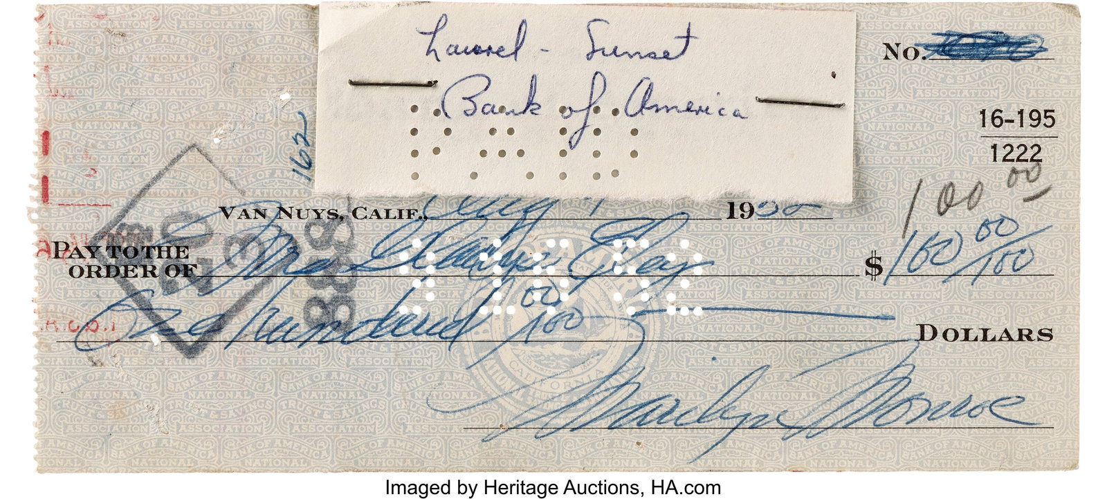 Marilyn Monroe Signed Personal Check to her Moth: Marilyn Monroe Signed Personal Check to her Mother, Gladys Eley. (August 9, 1952). Vintage original Bank of America check handwritten and signed by Marilyn Monroe