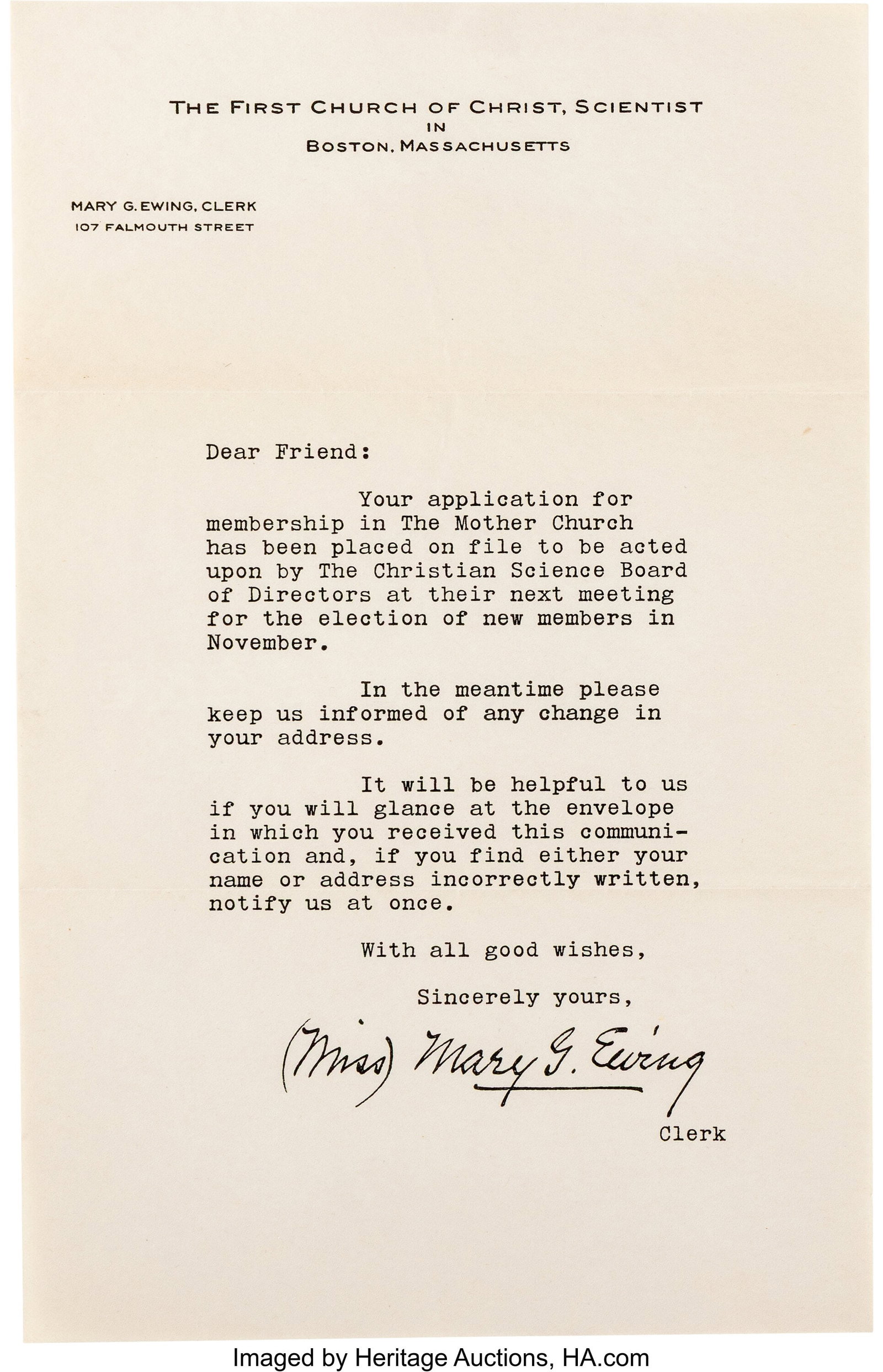 Correspondence to Marilyn Monroe from The First : Correspondence to Marilyn Monroe from The First Church of Christ, Scientist (ca. 1952). Vintage original group of communications to Marilyn Monroe (addressed as