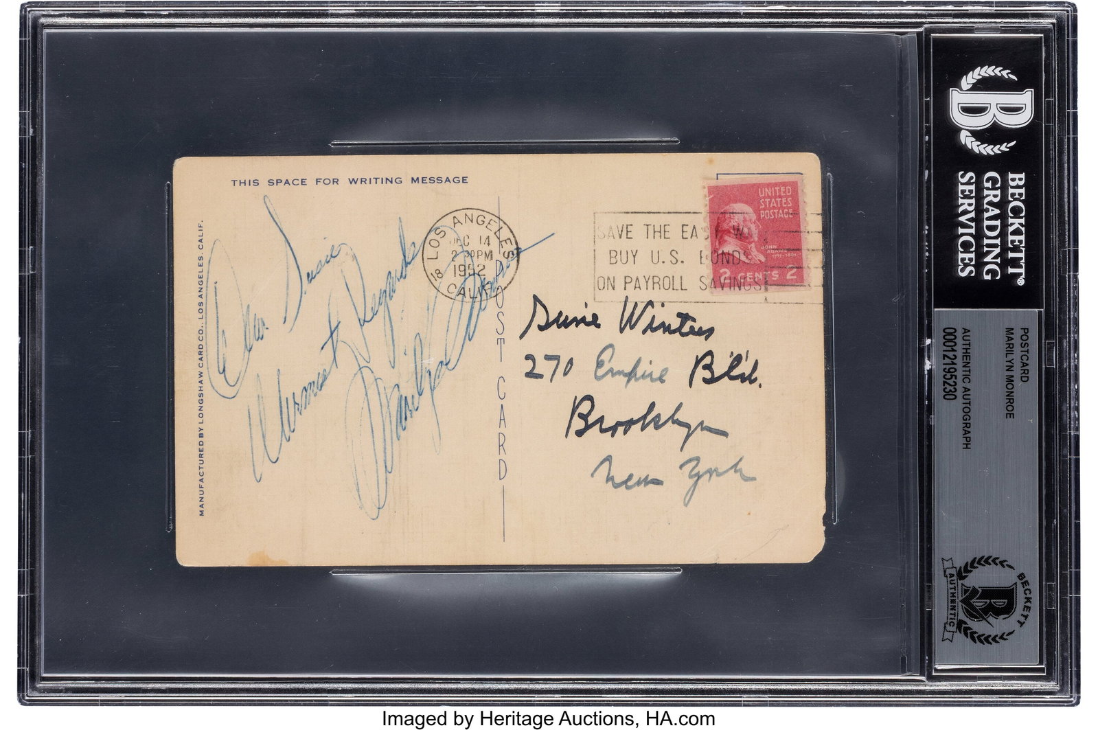 Marilyn Monroe Signed and Inscribed Postcard (De: Marilyn Monroe Signed and Inscribed Postcard (December 14, 1952). Vintage original postcard signed and inscribed by Marilyn Monroe, measuring 5.5" x