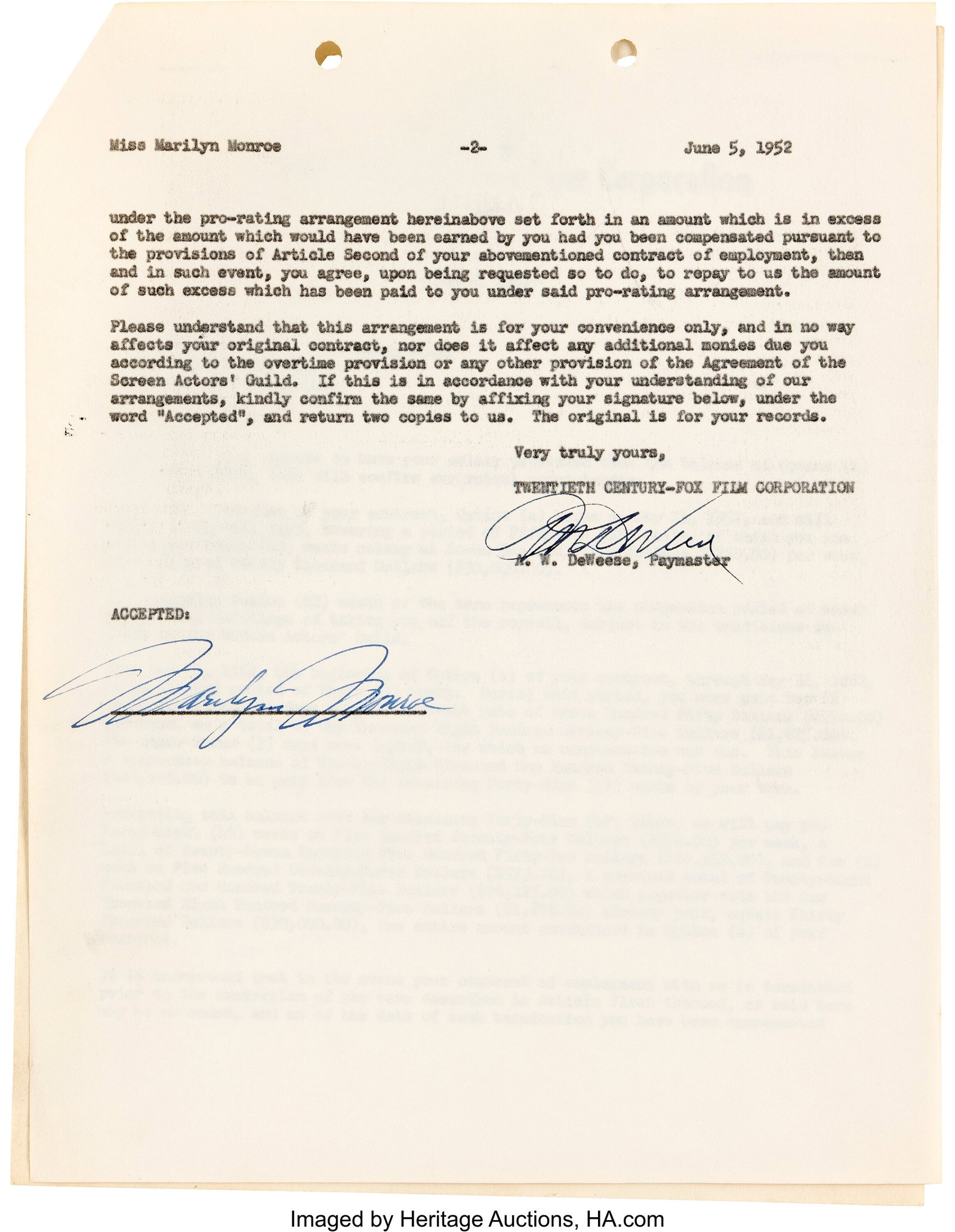 Marilyn Monroe Signed 20th Century Fox Salary Ad: Marilyn Monroe Signed 20th Century Fox Salary Advance Agreement (June 5, 1952). Vintage original 2-page document on 20th Century Fox letterhead, dated June 5, 1952&c