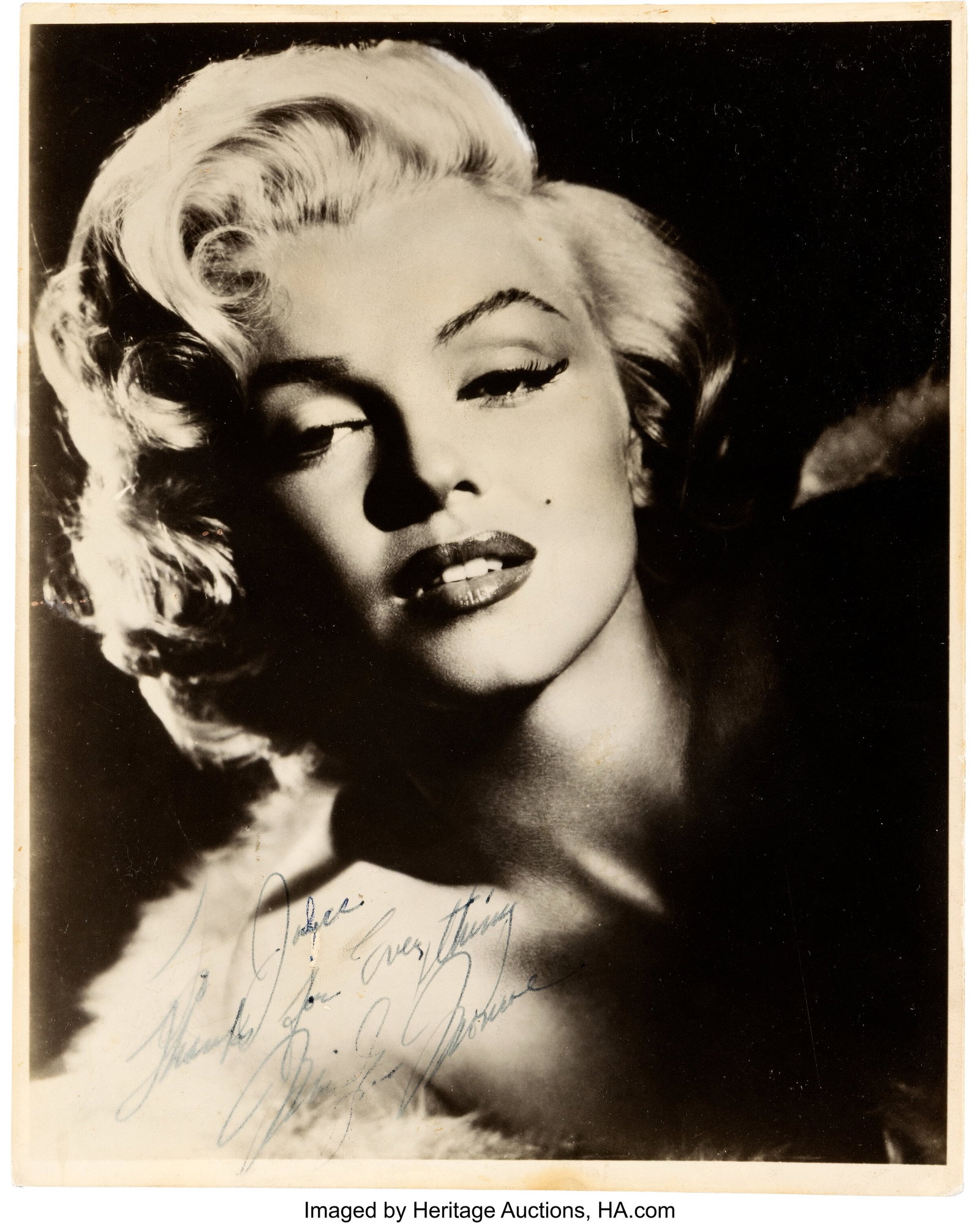 Marilyn Monroe Signed and Inscribed Black-and-Wh: Marilyn Monroe Signed and Inscribed Black-and-White Photograph (ca. 1953). Vintage original signed and inscribed textured semi-gloss double-weight 7.5" x 9.5" bla