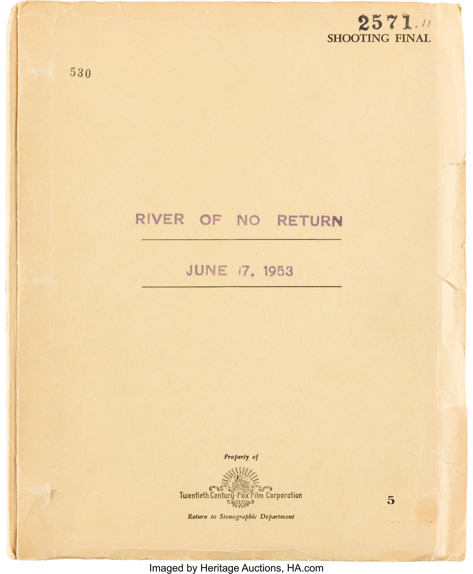 River of No Return (TCF, 1954), Annotated Shooti: River of No Return (TCF, 1954), Annotated Shooting Final Draft Screenplay. Vintage original Shooting Final draft screenplay for the 1954 film directed by Otto Preminger an