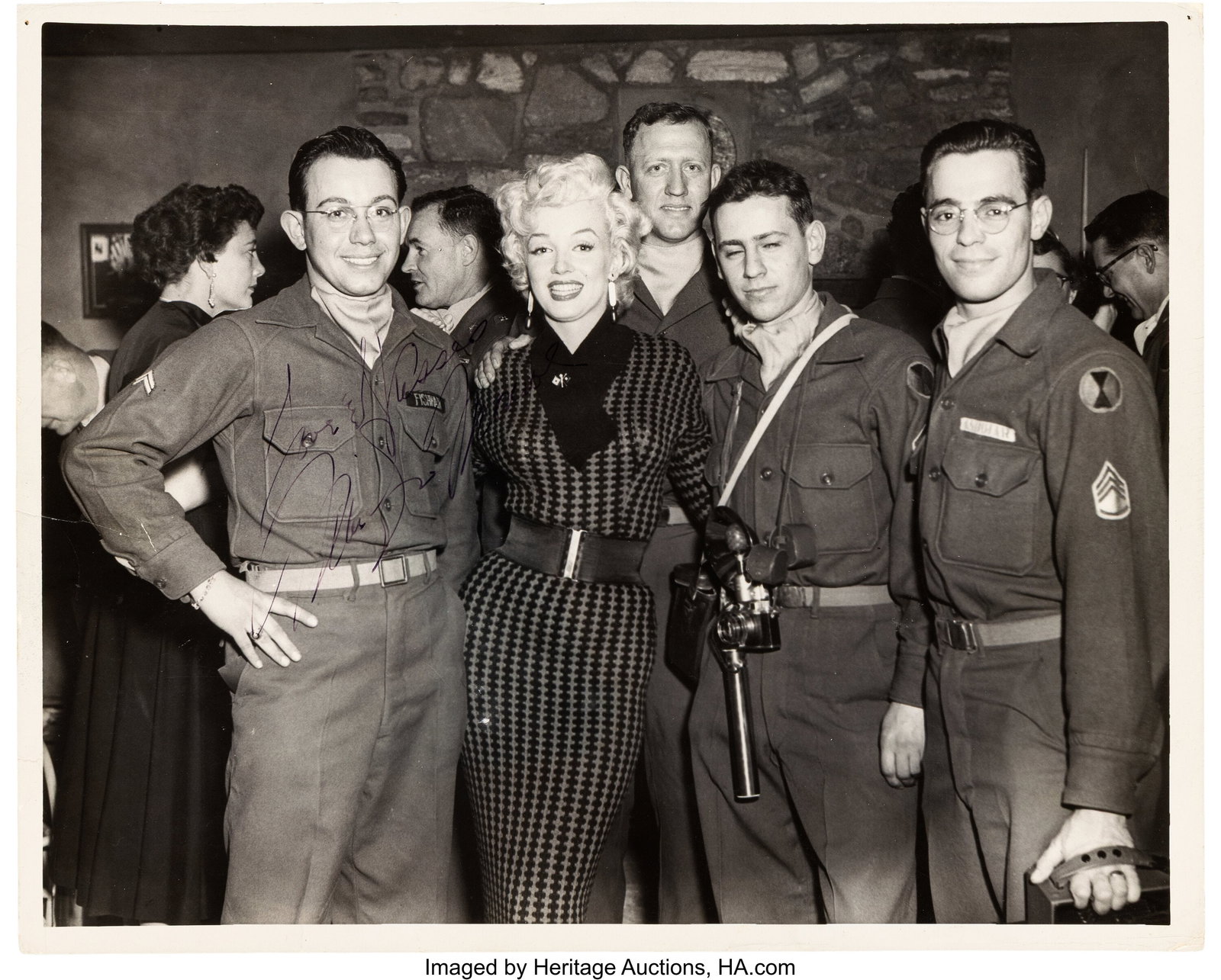 Marilyn Monroe Signed and Inscribed Black-and-Wh: Marilyn Monroe Signed and Inscribed Black-and-White Photograph from USO Tour (ca. 1954). Vintage original signed and inscribed glossy single-weight 8" x 10" black-and-white pho