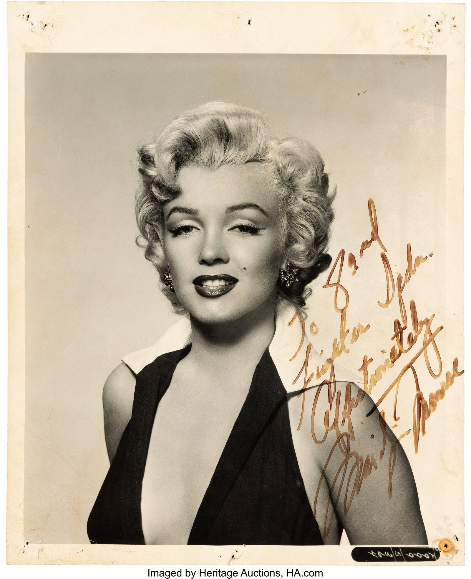 Marilyn Monroe Signed and Inscribed Black-and-Wh: Marilyn Monroe Signed and Inscribed Black-and-White Photograph from Her Korean War USO Tour (ca. 1954). Vintage original signed and inscribed glossy single-weight 8" x 10" blac