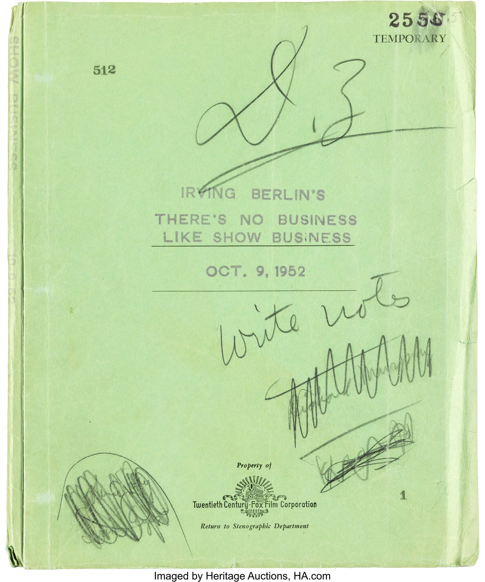 There's No Business Like Show Business (TCF, 195: There's No Business Like Show Business (TCF, 1954), Darryl F. Zanuck Personal Annotated Working Copy Draft Screenplay. Vintage original Darryl F. Zanuck pers