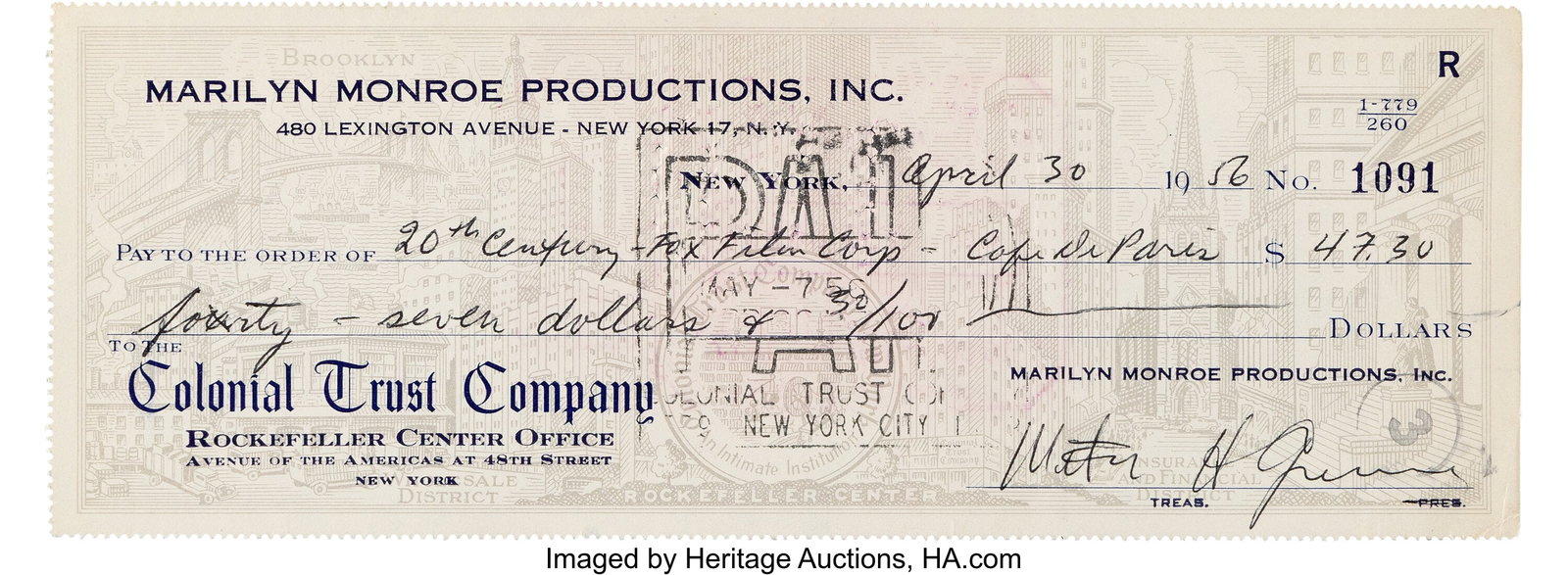 Marilyn Monroe Productions Check from the 20th C: Marilyn Monroe Productions Check from the 20th Century Fox Lot Commissary Signed by Milton Greene and Accompanying China Plate. Vintage original Marilyn Monroe Productions check, dated Ap
