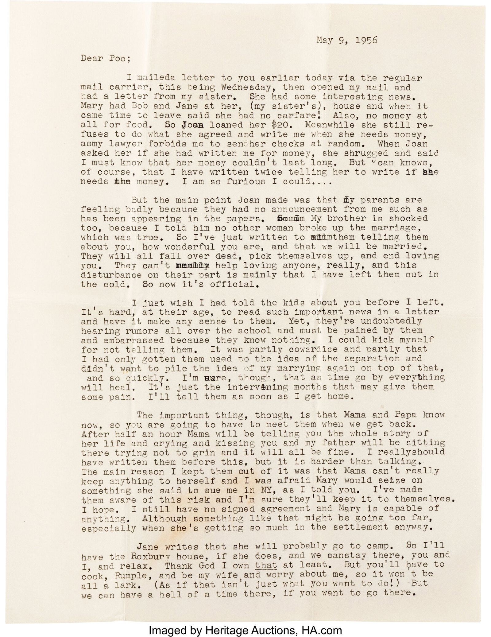 Arthur Miller Typed Letter Signed Love Letter to: Arthur Miller Typed Letter Signed Love Letter to Marilyn Monroe Professing His Love for Her and Discussing How Miller's Family Responded to News that He and Marilyn Planned to Get Married that Summer&