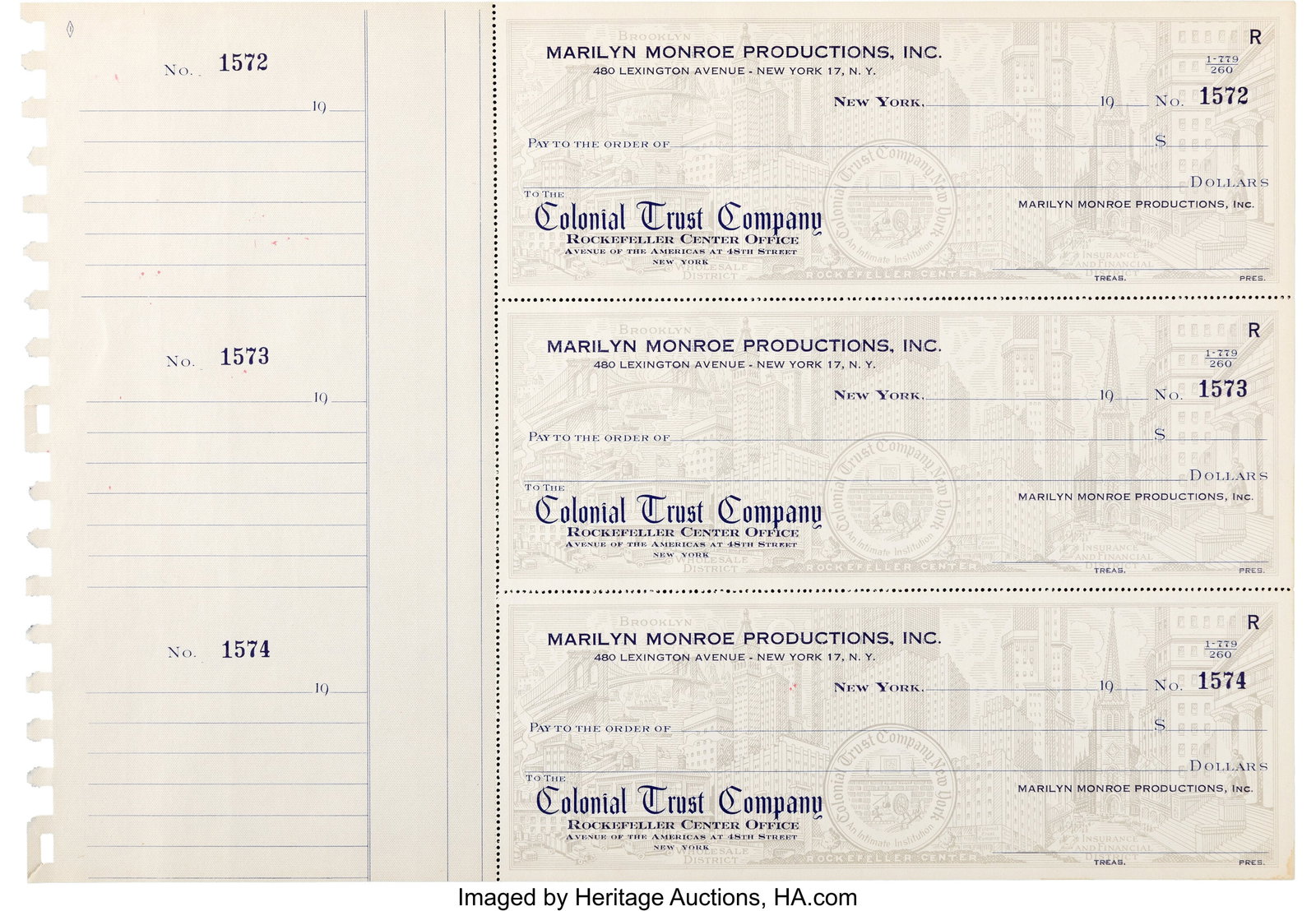 Marilyn Monroe Uncut Sheet of Marilyn Monroe Pro: Marilyn Monroe Uncut Sheet of Marilyn Monroe Productions, Inc. Checks (ca. 1957). Vintage original sheet of uncut and unused Marilyn Monroe Productions, Inc&
