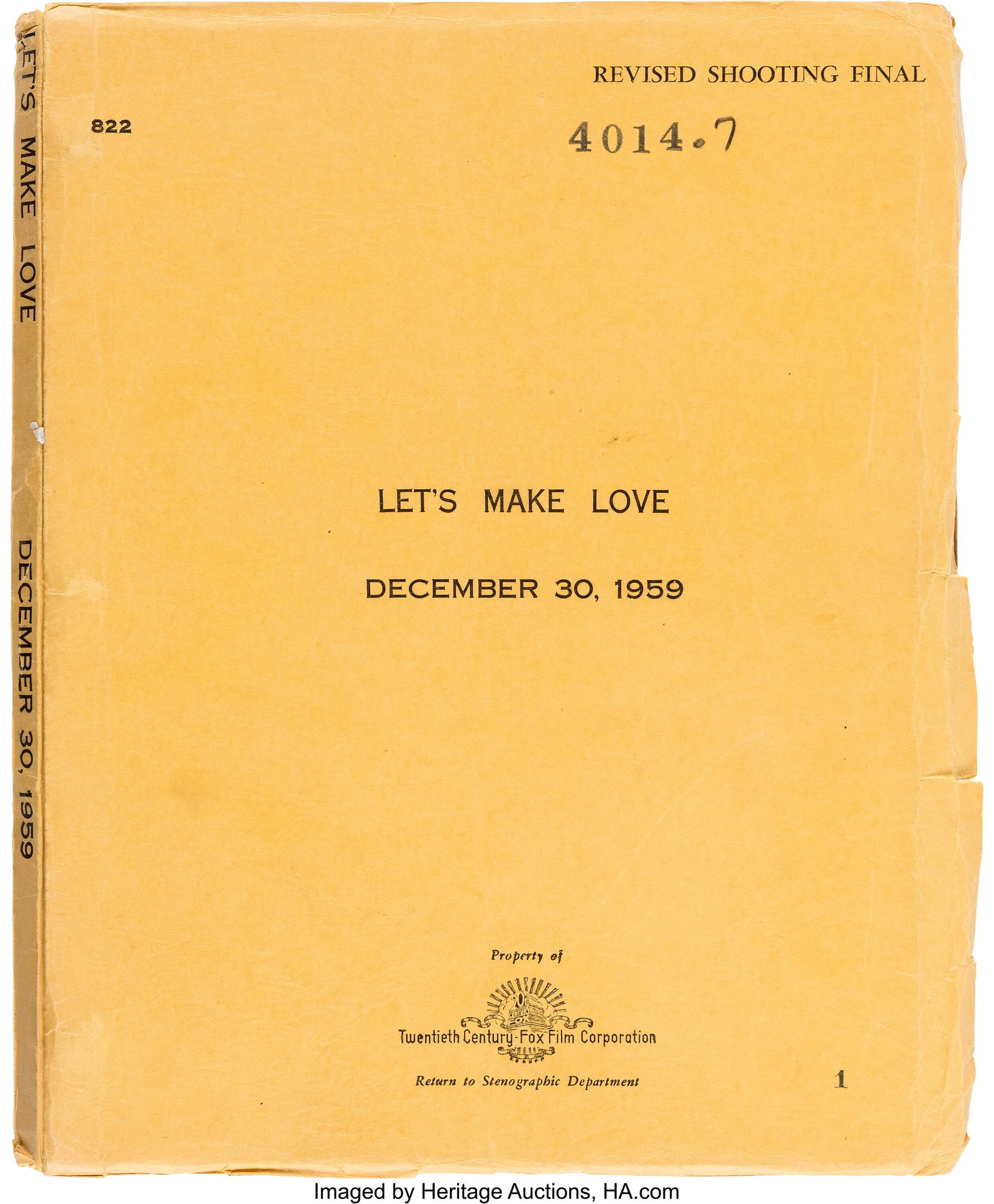 Let's Make Love (TCF, 1960), Revised Shooting Fi: Let's Make Love (TCF, 1960), Revised Shooting Final Draft Screenplay. Vintage original Revised Shooting Final draft screenplay for the 1960 musical comedy Let's Make Love