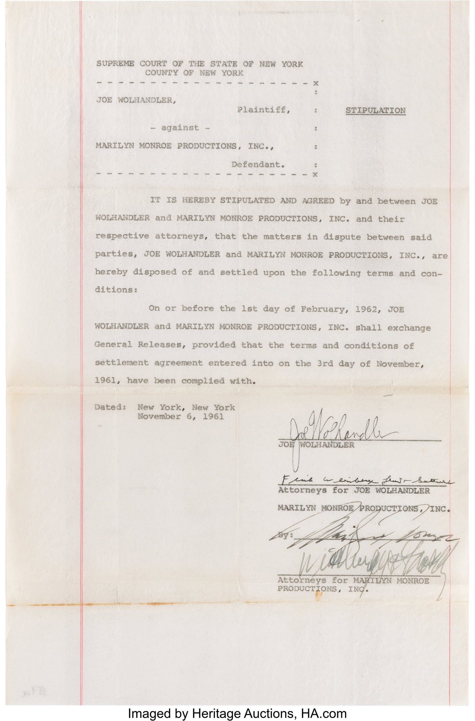Marilyn Monroe Typed and Signed Lawsuit Settleme (1 of 4)