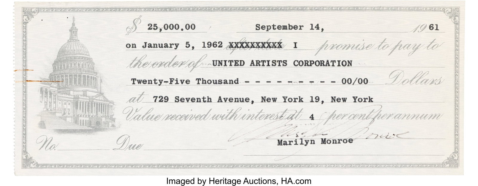 Marilyn Monroe Signed Promissory Note (September: Marilyn Monroe Signed Promissory Note (September 14, 1961). Vintage original promissory note signed "Marilyn Monroe," dated September 14, 1961, and measuring 8