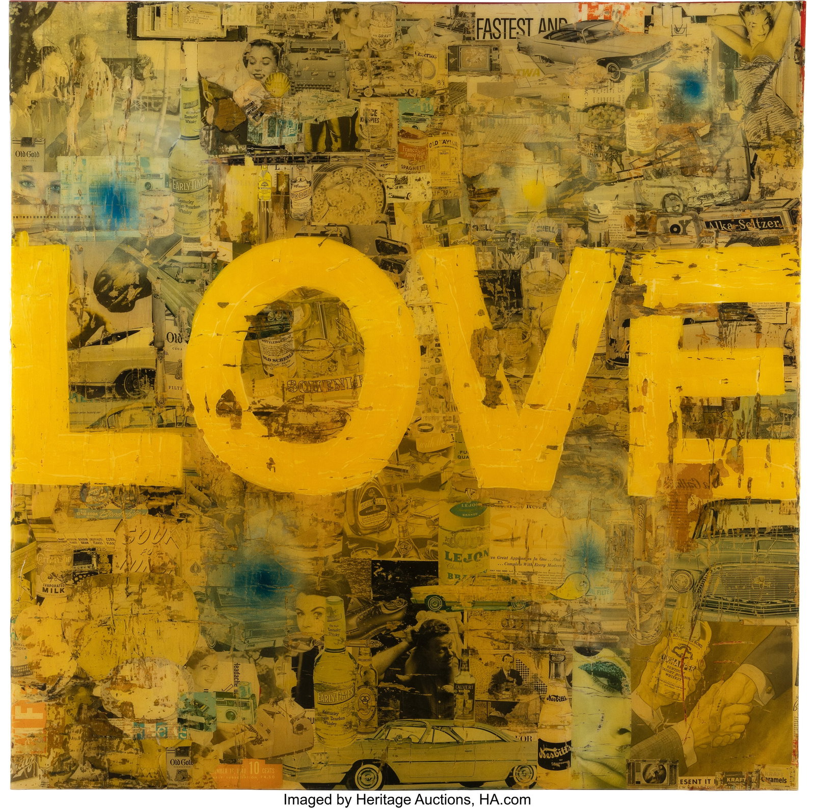 Greg Miller (b. 1951) Love #3, 2008 Mixed media : Greg Miller (b. 1951) Love #3, 2008 Mixed media collage with resin on canvas 48 x 48 inches (121.9 x 121.9 cm) Signed, dated and inscribed on t