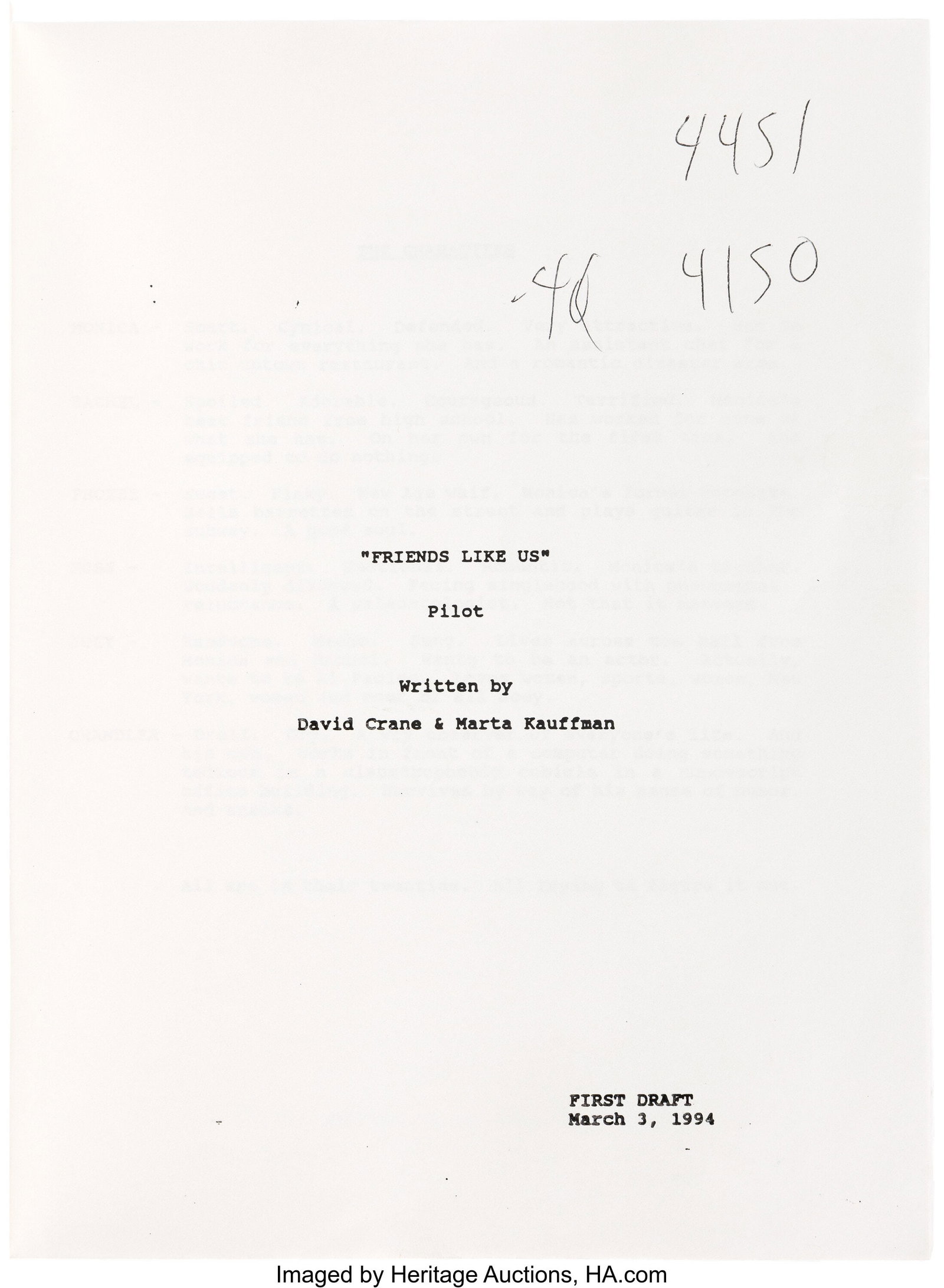 Friends (NBC TV, 1994-2004), Pilot Script, "Six  (1 of 10)