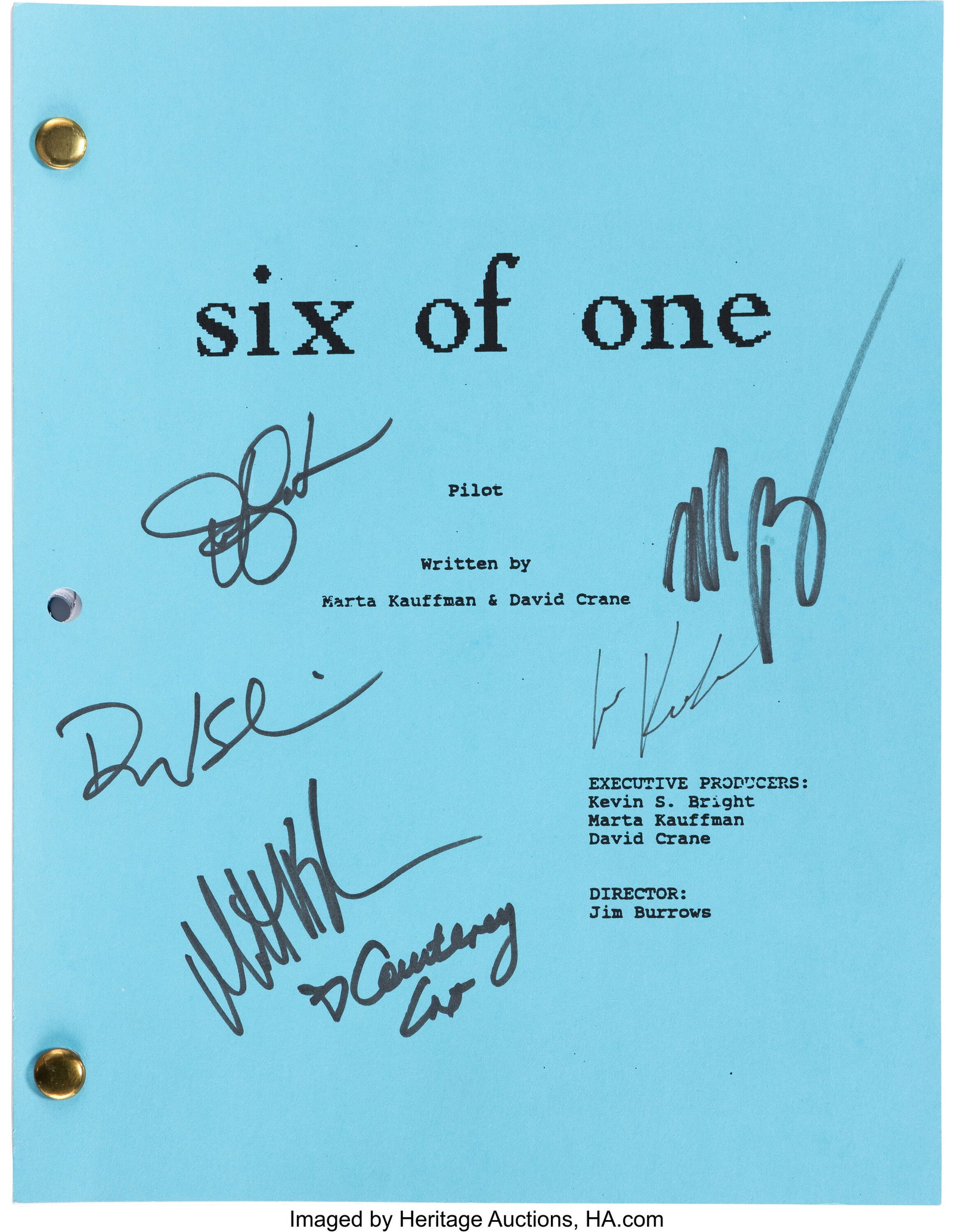 Friends (NBC TV, 1994-2004), "Six of One" Pilot : Friends (NBC TV, 1994-2004), "Six of One" Pilot Script Signed by the Cast. Original 62-page (as paginated) bound and bradded Shooting Draft dated 5/02/94