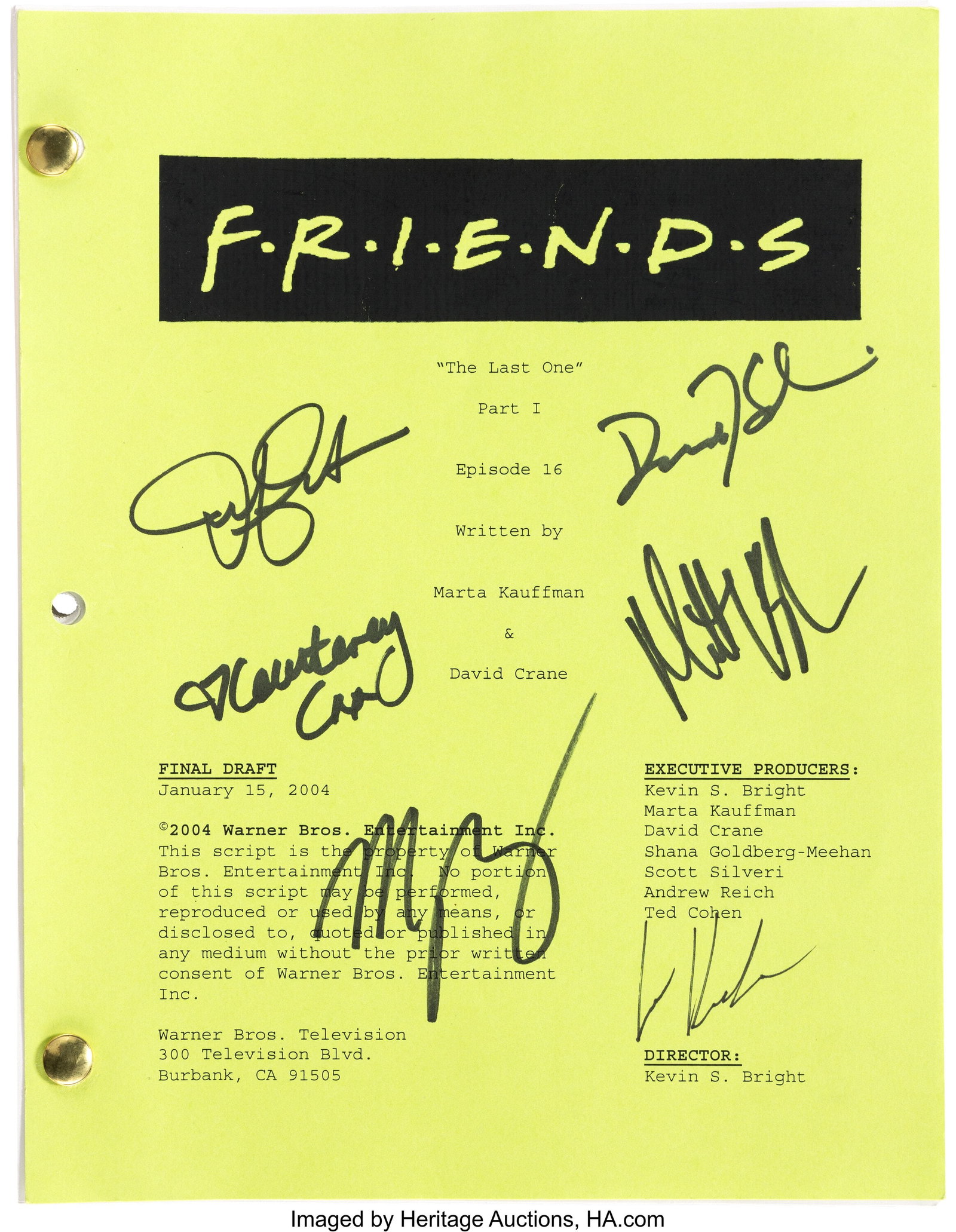 Friends (NBC TV, 1994-2004), "The Last One: Part: Friends (NBC TV, 1994-2004), "The Last One: Part 1" Script Signed by the Cast. Original 45-page (as paginated) bound and bradded Final Draft dated January 