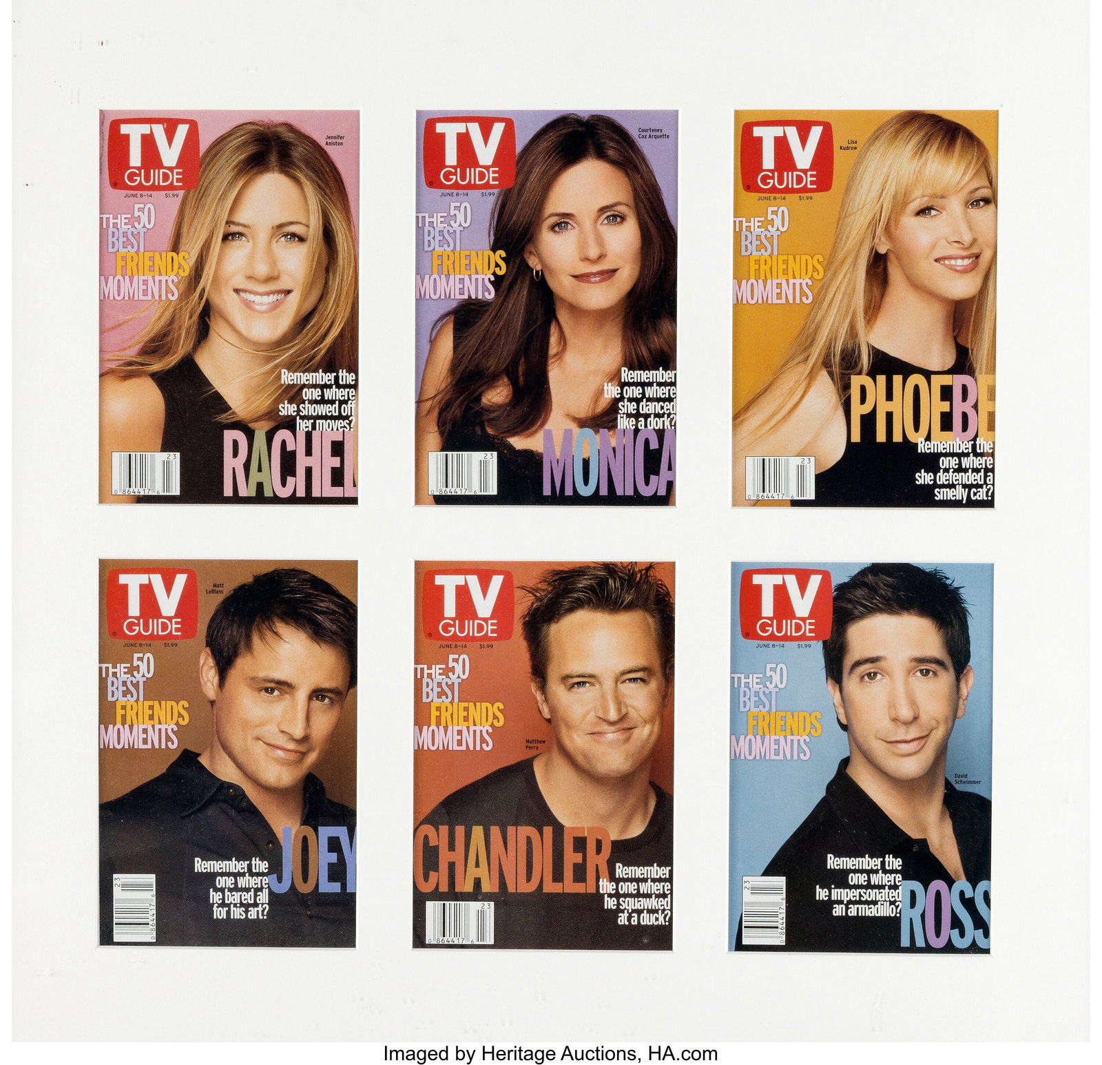 Friends (NBC TV, 1994-2004), Framed TV Guide Dis: Friends (NBC TV, 1994-2004), Framed TV Guide Display. Framed and matted display of 6-TV Guide covers from the June 8-14, 2002 multi-cover issue, each featuring