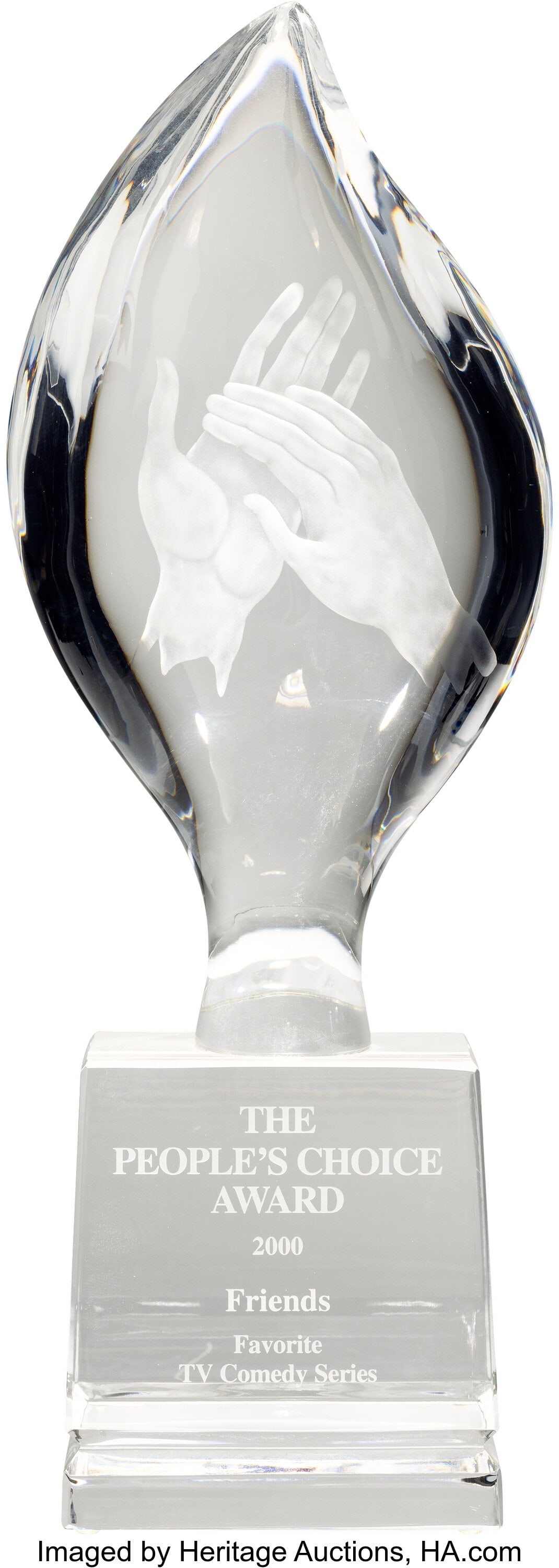 Friends (NBC TV, 1994-2004), 2000 People's Choic: Friends (NBC TV, 1994-2004), 2000 People's Choice Award for Favorite TV Comedy Series. Original glass award etched with an illustration of a pair of hands on a flame-like 