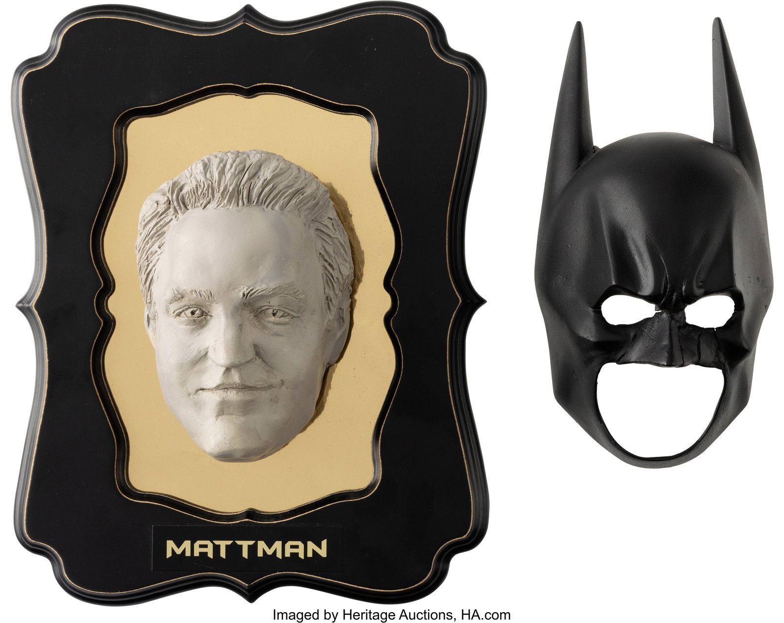 Matthew Perry "Mattman" Framed 3D Portrait with : Matthew Perry "Mattman" Framed 3D Portrait with Batman Mask from Jimmy Kimmel Live! (2016). Black framed three-dimensional gray sculpted plaster portrait with gold-toned foil bac
