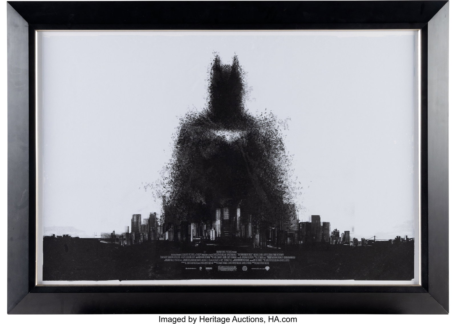 The Dark Knight Rises by Jock (2012), Personally: The Dark Knight Rises by Jock (2012), Personally Owned by Matthew Perry. Framed screenprint on wove paper of an abstract Dark Knight figure above Gotham. Signed by the ar