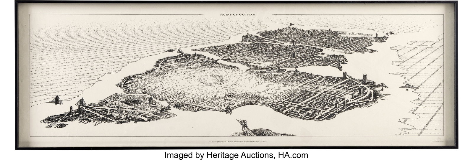 Ruins of Gotham by Rob Loukotka, Personally Owne: Ruins of Gotham by Rob Loukotka, Personally Owned by Matthew Perry. Framed lithograph on Madero Beach Speckletone paper of an aerial view of Gotham, with the text "WHEN GOTHAM IS AS