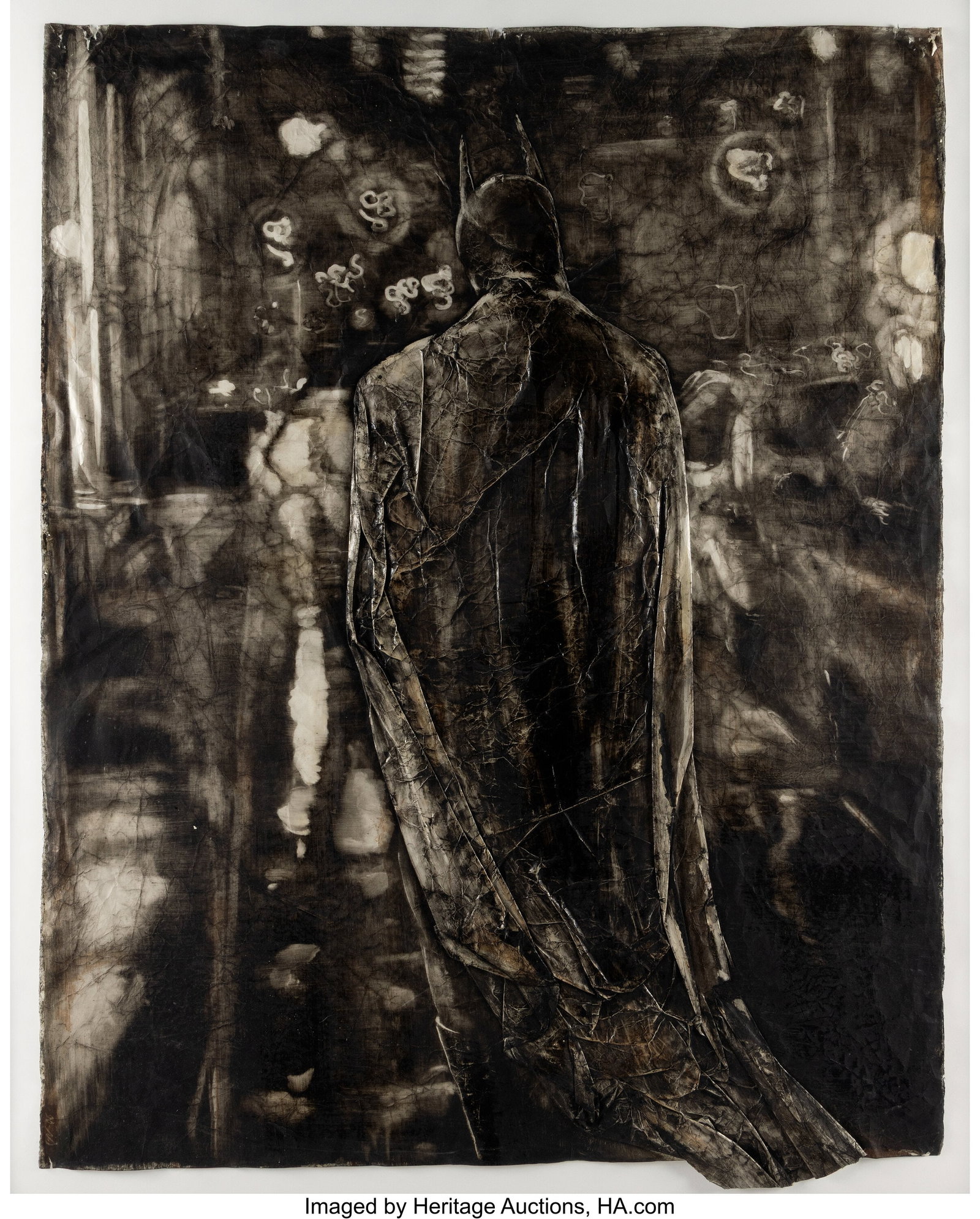 Untitled (Batman Walking) by Greg Lauren (2005),: Untitled (Batman Walking) by Greg Lauren (2005), Personally Owned by Matthew Perry. Framed artwork of Batman walking away from the viewer, accomplished in oil on