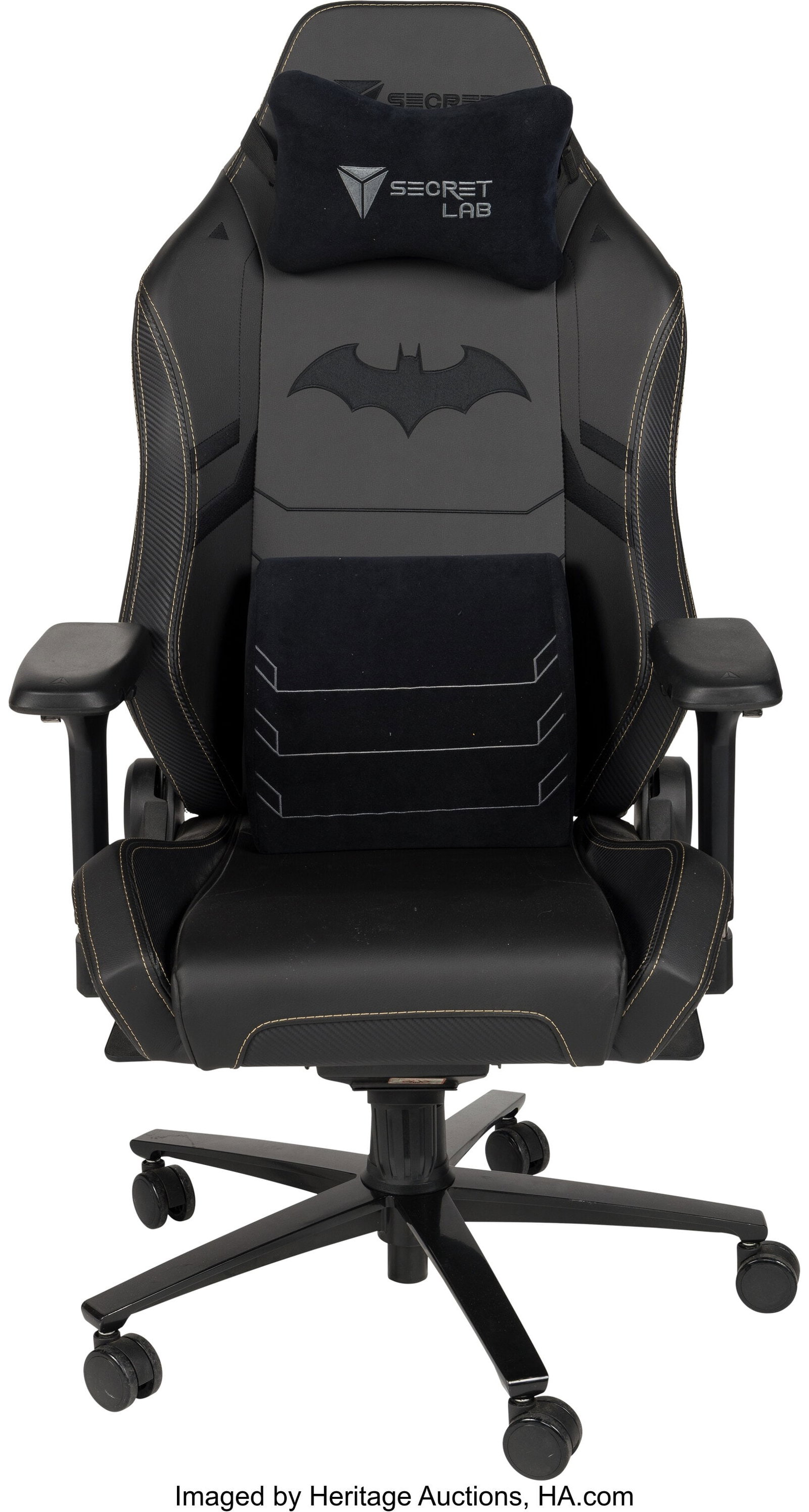 Secretlab OMEGA Dark Knight Batman Gaming Chair : Secretlab OMEGA Dark Knight Batman Gaming Chair (2020), Personally Owned by Matthew Perry. Black leather Secretlab ergonomic gaming chair with yellow stitched accents and a blac