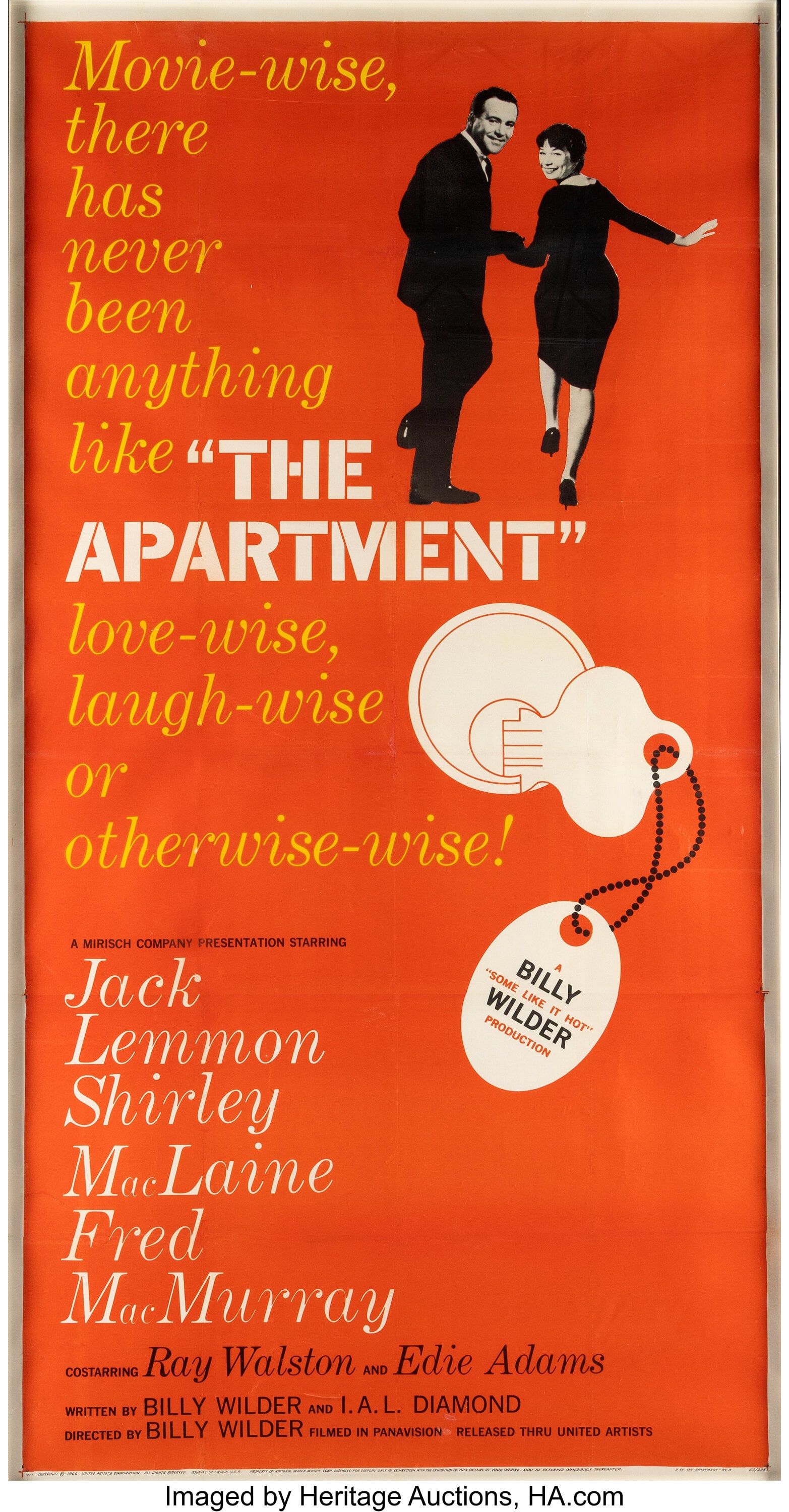 The Apartment (United Artists, 1960), Framed Thr: The Apartment (United Artists, 1960), Framed Three Sheet Poster, Personally Owned by Matthew Perry. Framed three sheet movie poster for The Apartment, measurin