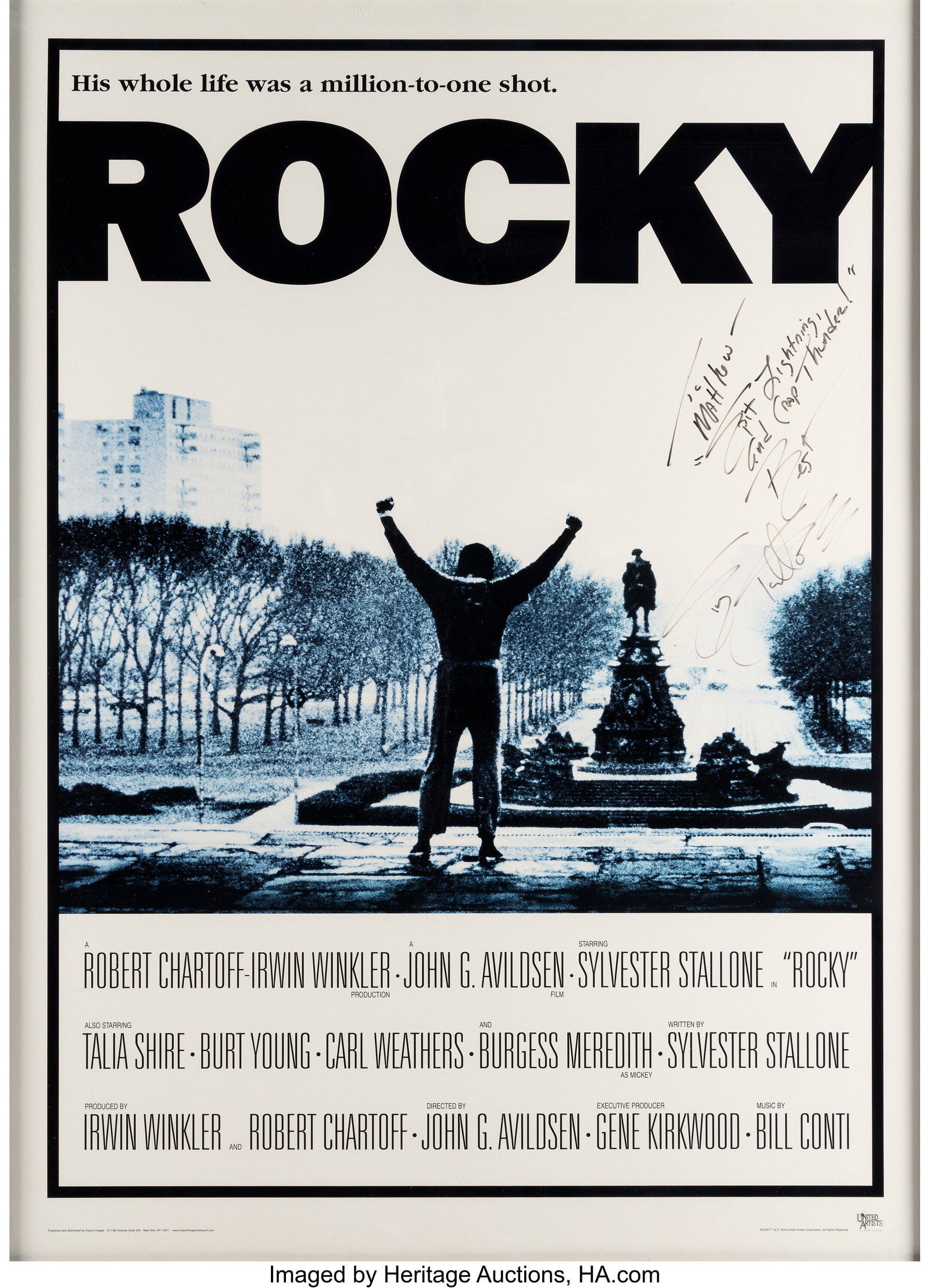 Rocky (United Artists, 1976), Poster Signed by S: Rocky (United Artists, 1976), Poster Signed by Sylvester Stallone, Inscribed to Matthew Perry. Framed and autographed poster, inscribed with "To / Matthew&