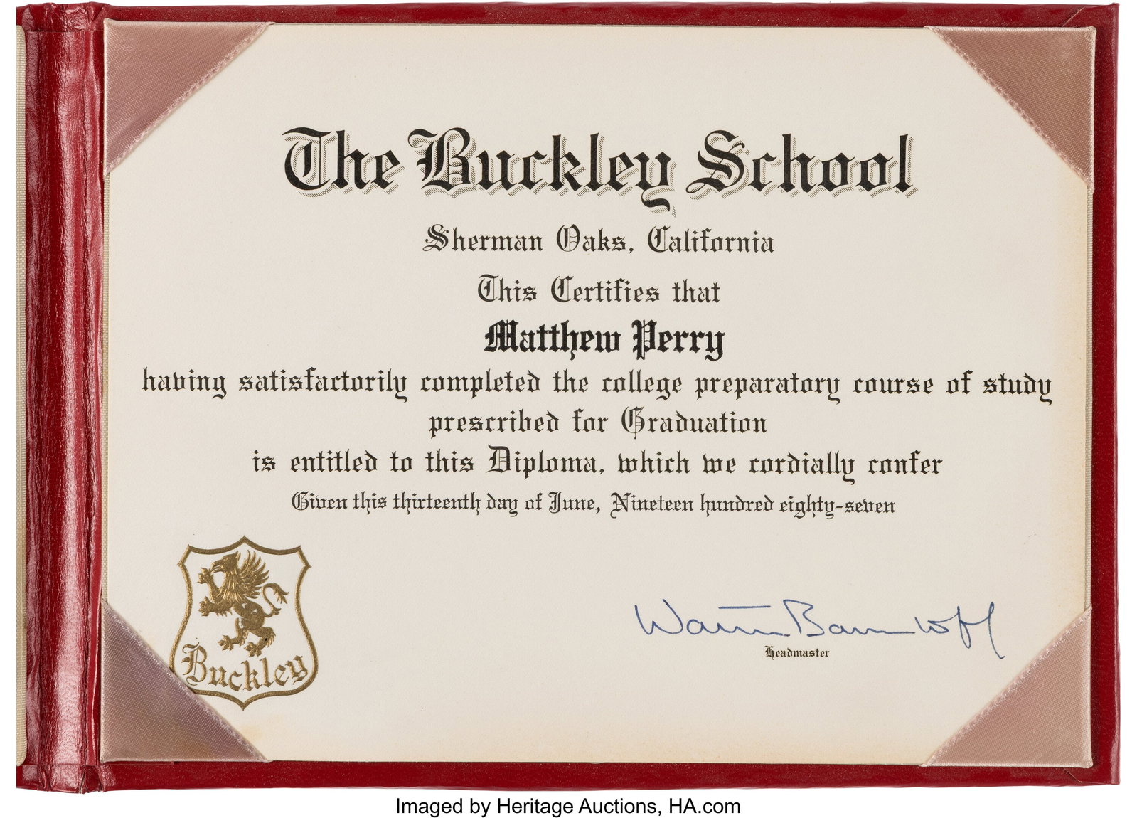 Matthew Perry's Buckley School Diploma (1987) an (1 of 4)