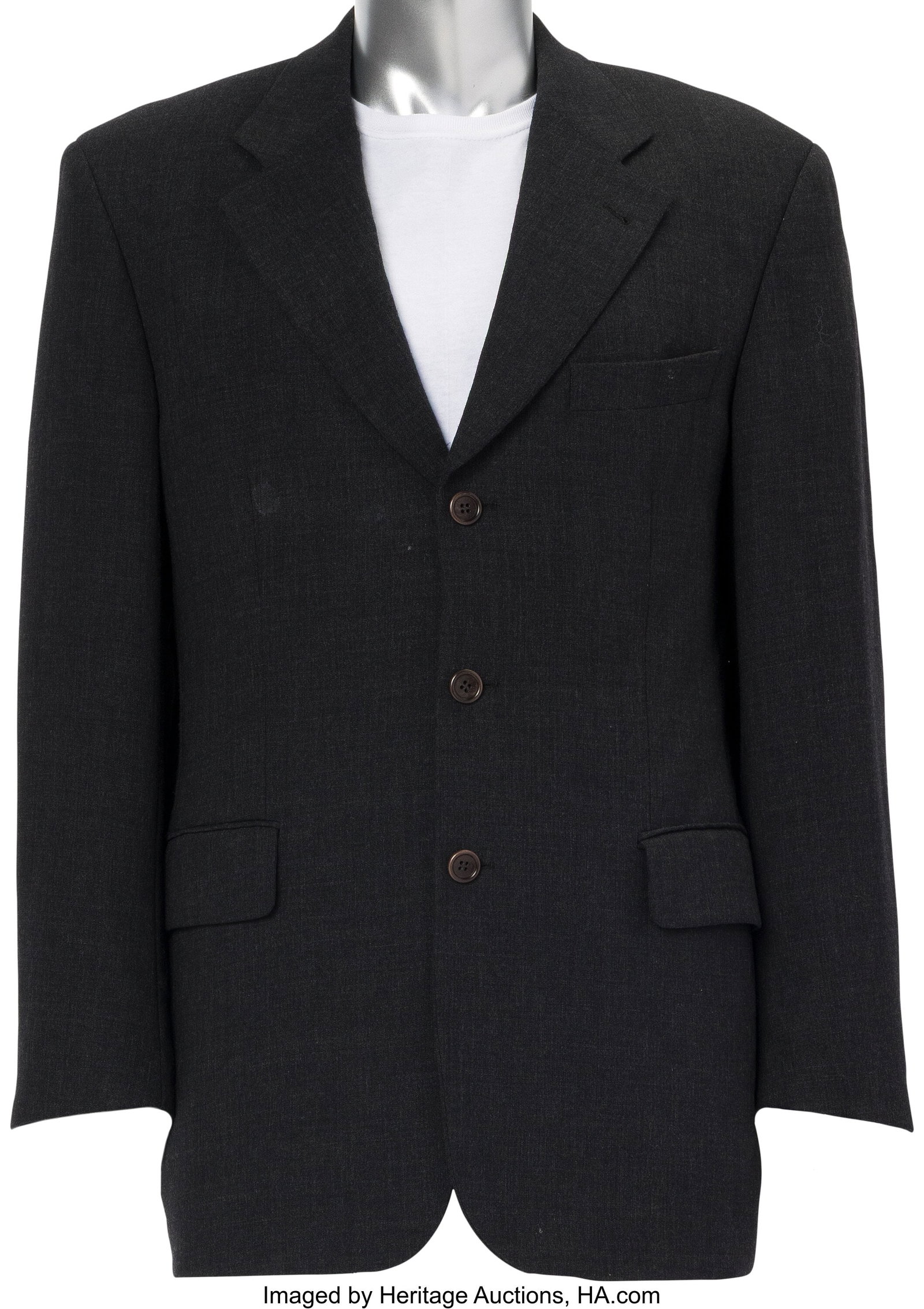 BOSS Brand Jacket, Personally Owned by Matthew P: BOSS Brand Jacket, Personally Owned by Matthew Perry. BOSS (Hugo Boss) brand jacket constructed of dark gray wool with a single-breasted button-front closure, 2-flap pocke