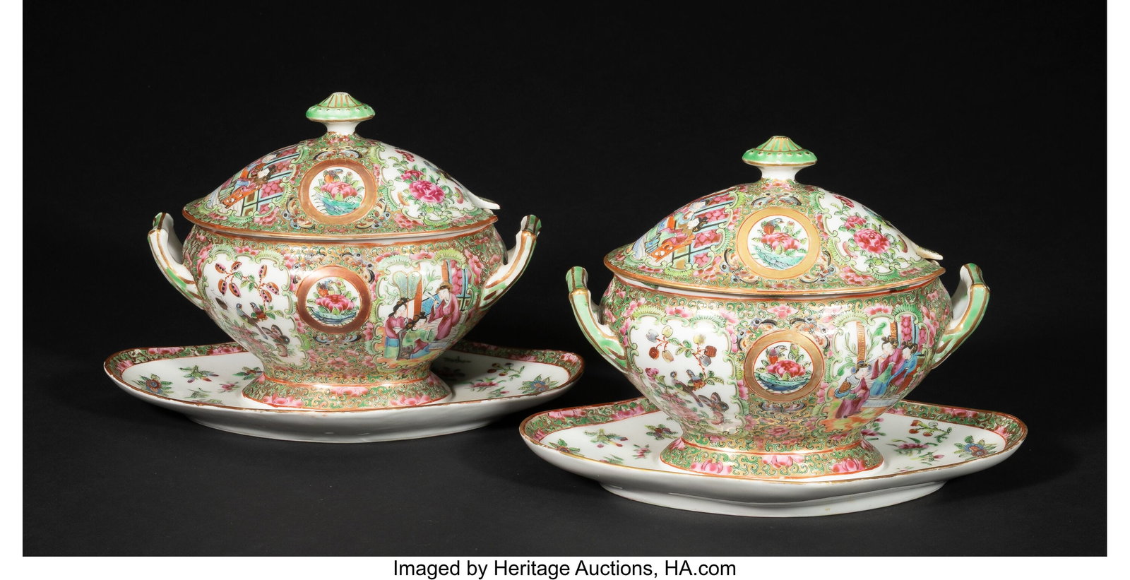A Pair of Chinese Export Rose Canton Covered Tur: A Pair of Chinese Export Rose Canton Covered Tureens with Attached Underplates, second half of 19th century 6-3/4 x 9-1/2 x 6-1/4 inches (17.1 x 24.1 x 15.9