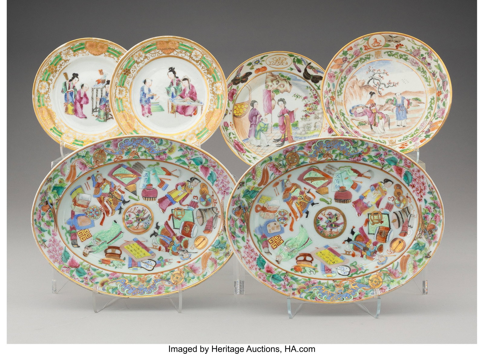 Six Chinese Export Famille Rose Dishes, 19th cen: Six Chinese Export Famille Rose Dishes, 19th century 1 x 8 x 6-1/8 inches (2.5 x 20.3 x 15.6 cm) (largest) The lot comprising: 1dish with monog