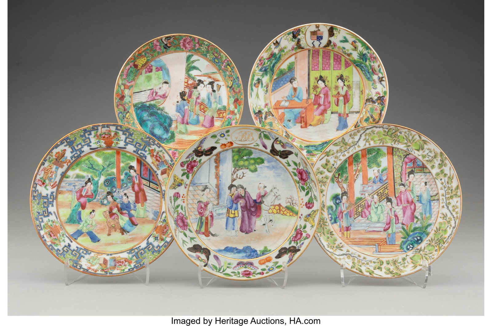 Five Chinese Export Famille Rose and Armorial Di: Five Chinese Export Famille Rose and Armorial Dishes, 19th century 1-3/8 x 6 x 6 inches (3.5 x 15.2 x 15.2 cm) (largest) The lot comprising: 1 