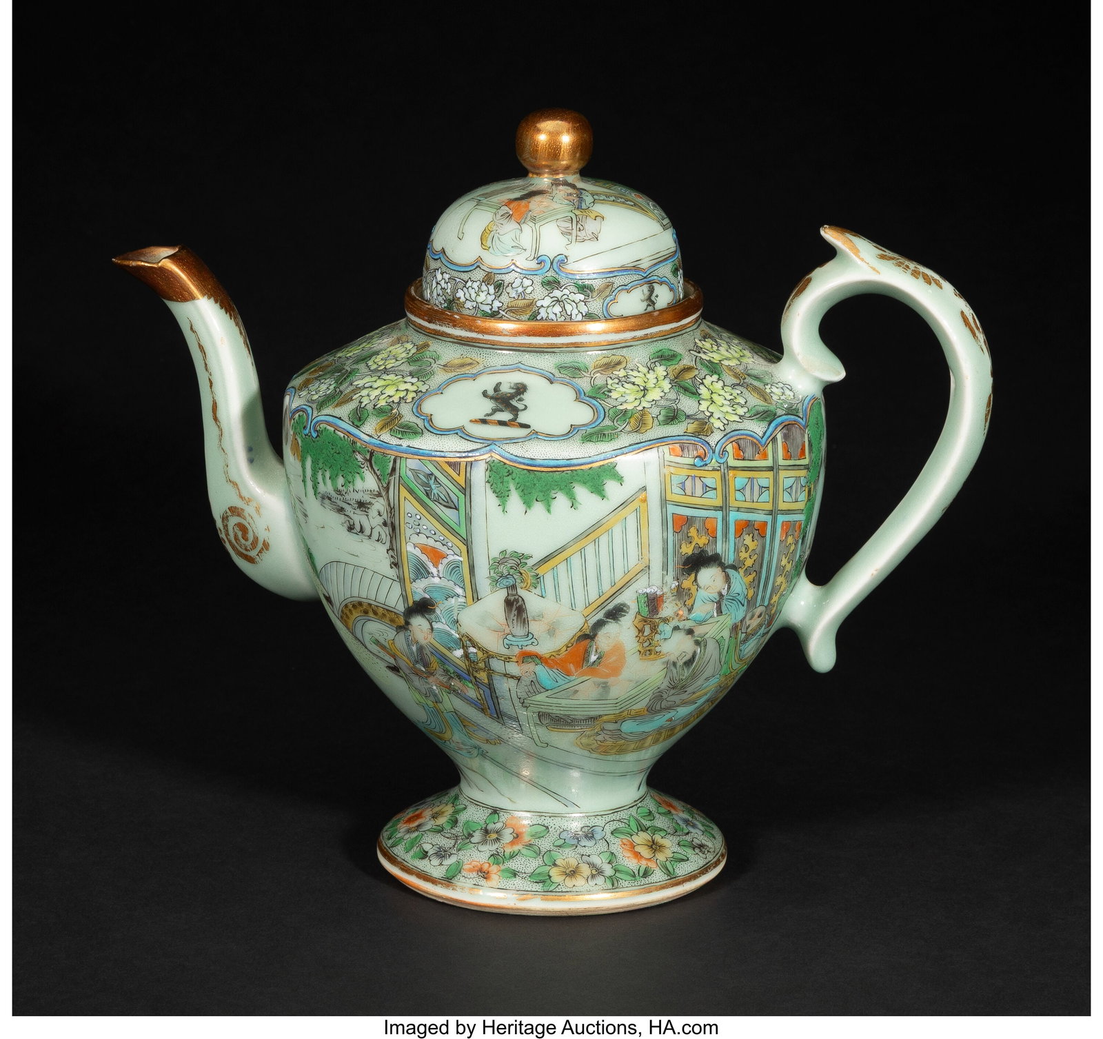 A Chinese Export Armorial Covered Coffee Pot, mi: A Chinese Export Armorial Covered Coffee Pot, mid 19th century 9-1/4 x 10-3/8 x 6-1/2 inches (23.5 x 26.4 x 16.5 cm) the crest a lion rampant with gilt