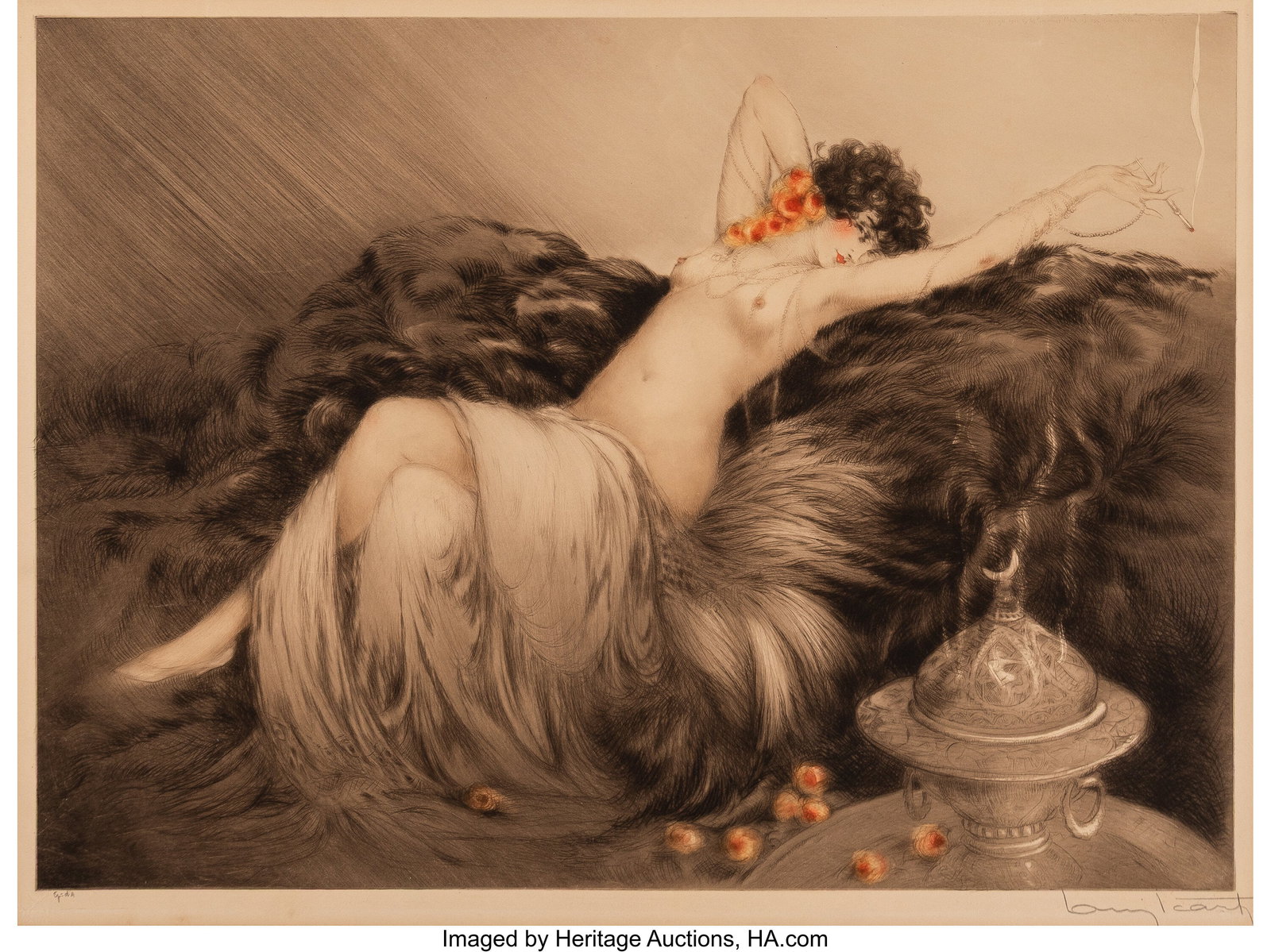 Louis Icart (French, 1888-1950) Smoke, 1926 Etch: Louis Icart (French, 1888-1950) Smoke, 1926 Etching with handcoloring on wove paper 19-1/2 x 25 inches (49.5 x 63.5 cm) (sheet) Signed in pe