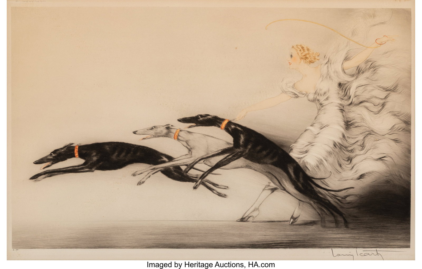 Louis Icart (French, 1888-1950) Speed, 1927 Etch: Louis Icart (French, 1888-1950) Speed, 1927 Etching with handcoloring on wove paper 16-1/4 x 25 inches (41.3 x 63.5 cm) (sight) Signed in pe